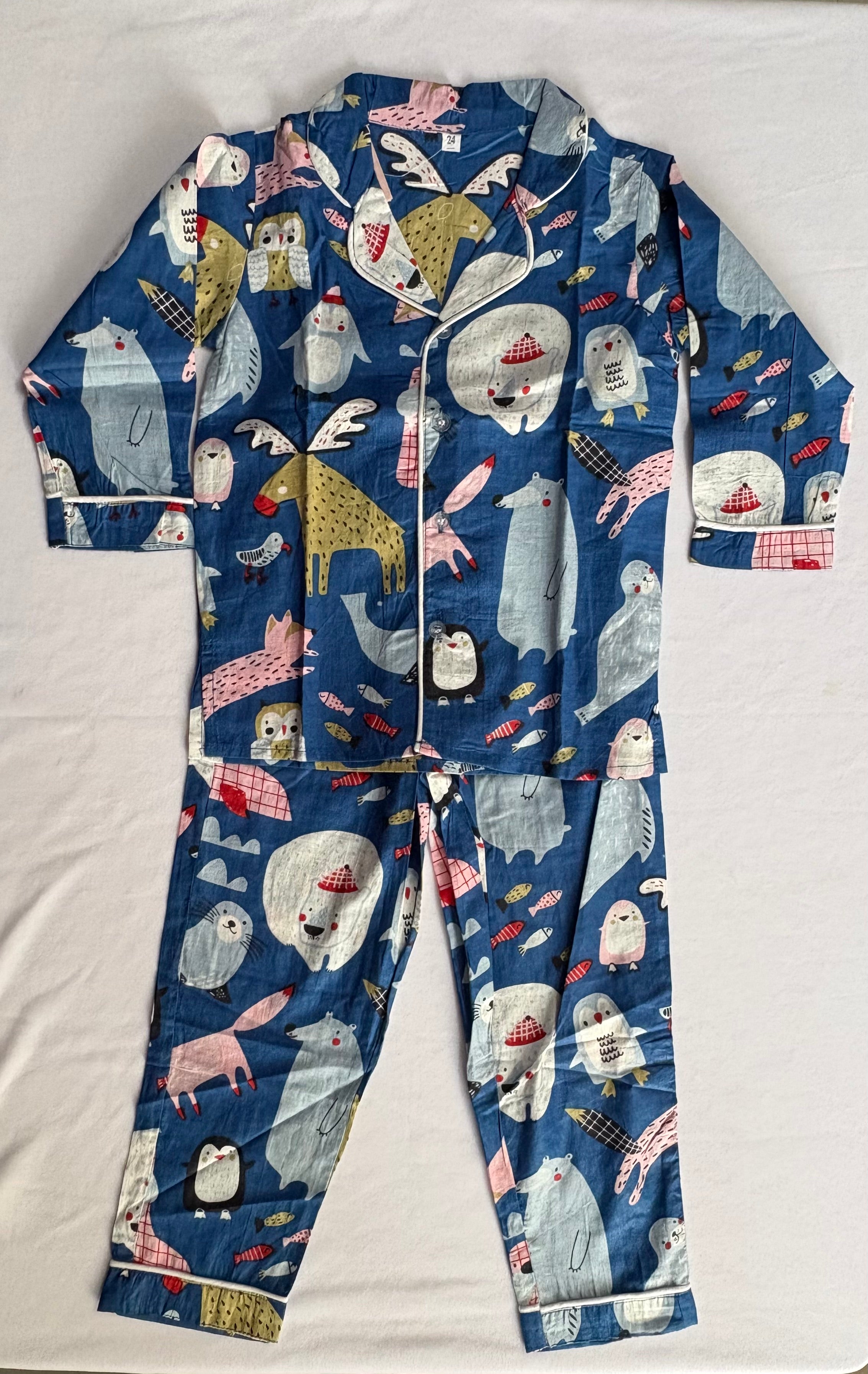 Blue Sea Animal Print Cotton Night Suit for Kids | Soft Sleepwear