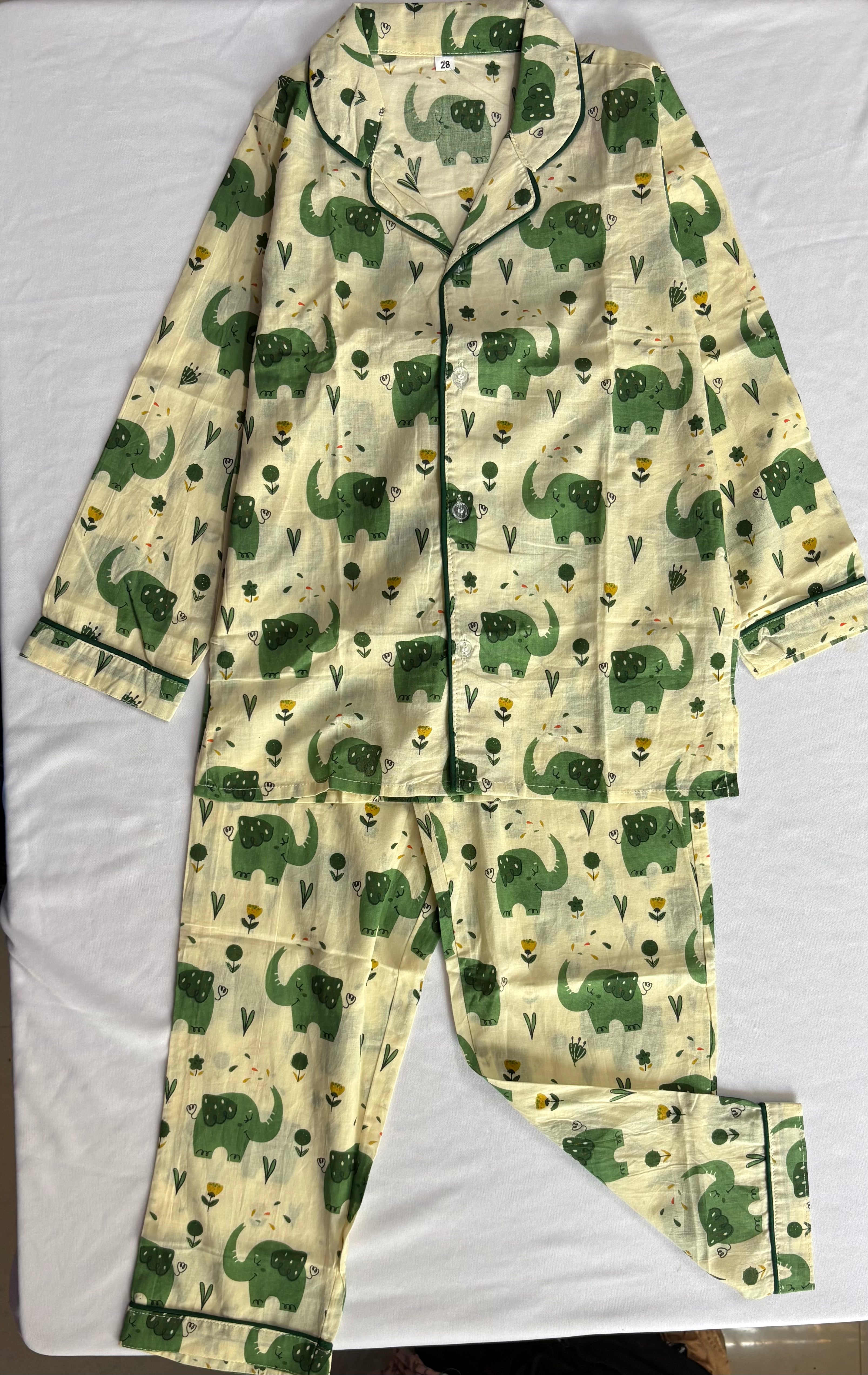 Off-White Elephant Print Cotton Night Suit for Kids