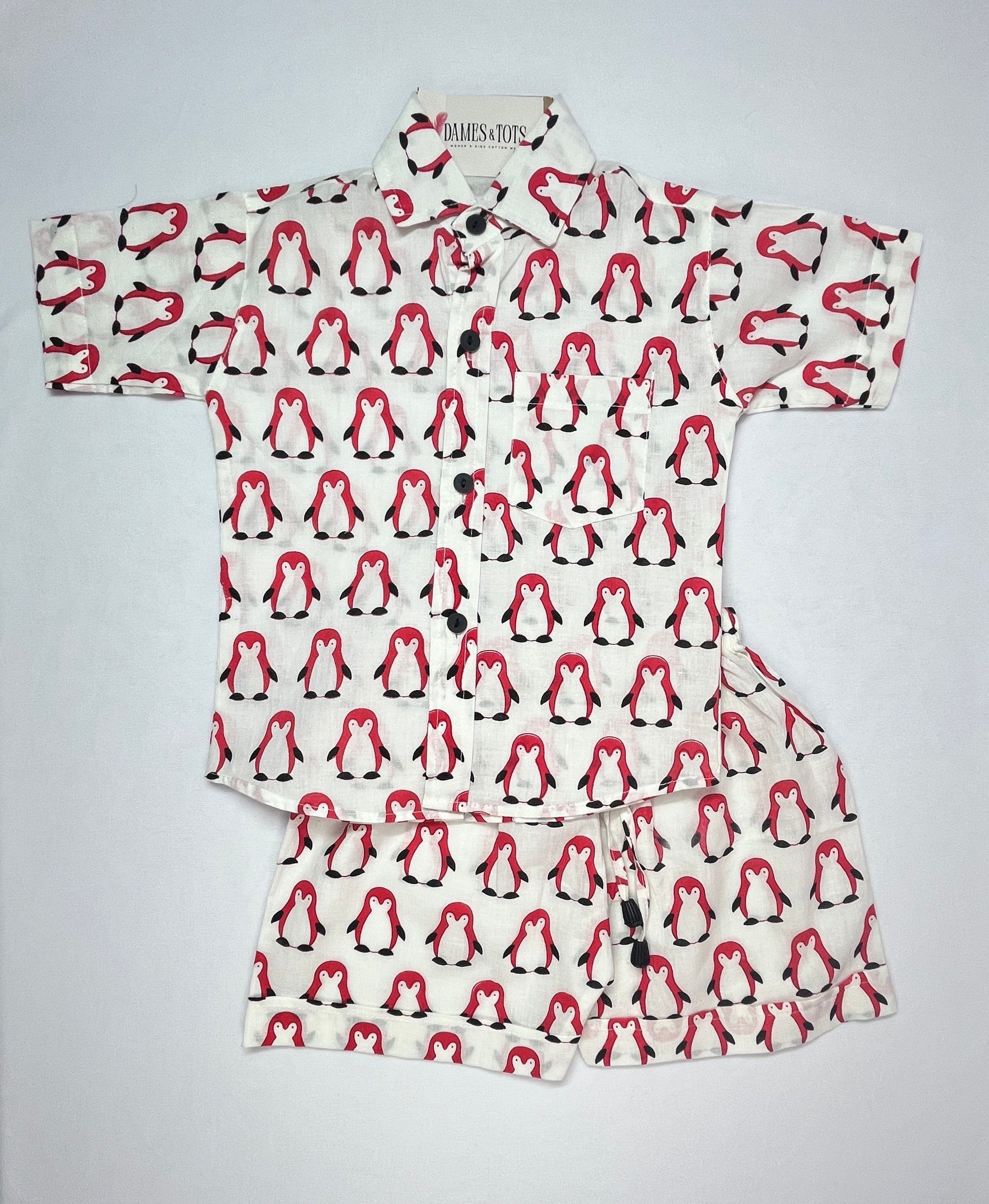 Boys Pure Cotton Co-ord Set – Red Penguin Print