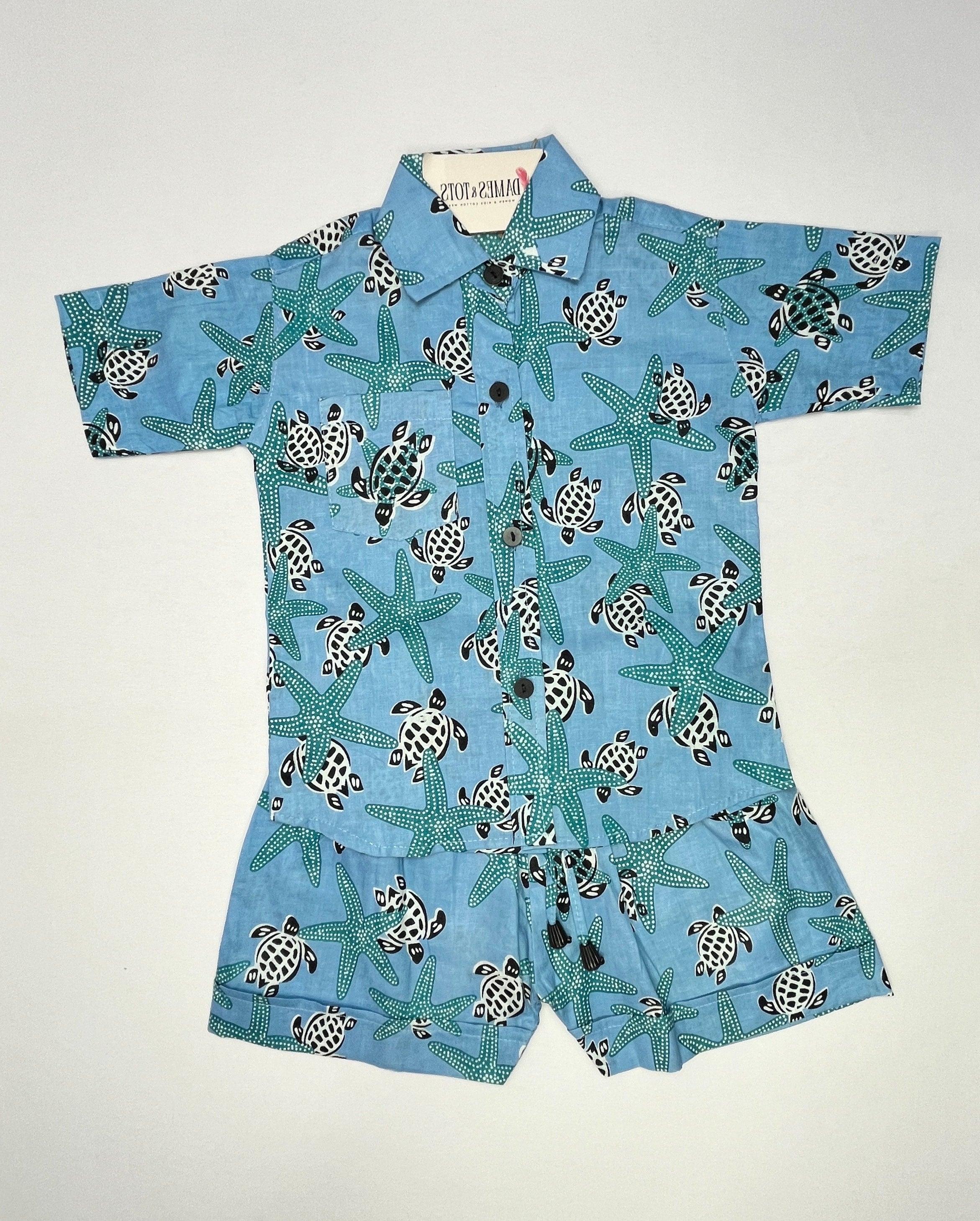 Boys Pure Cotton Co-Ord Set – Blue Turtle & Starfish Print