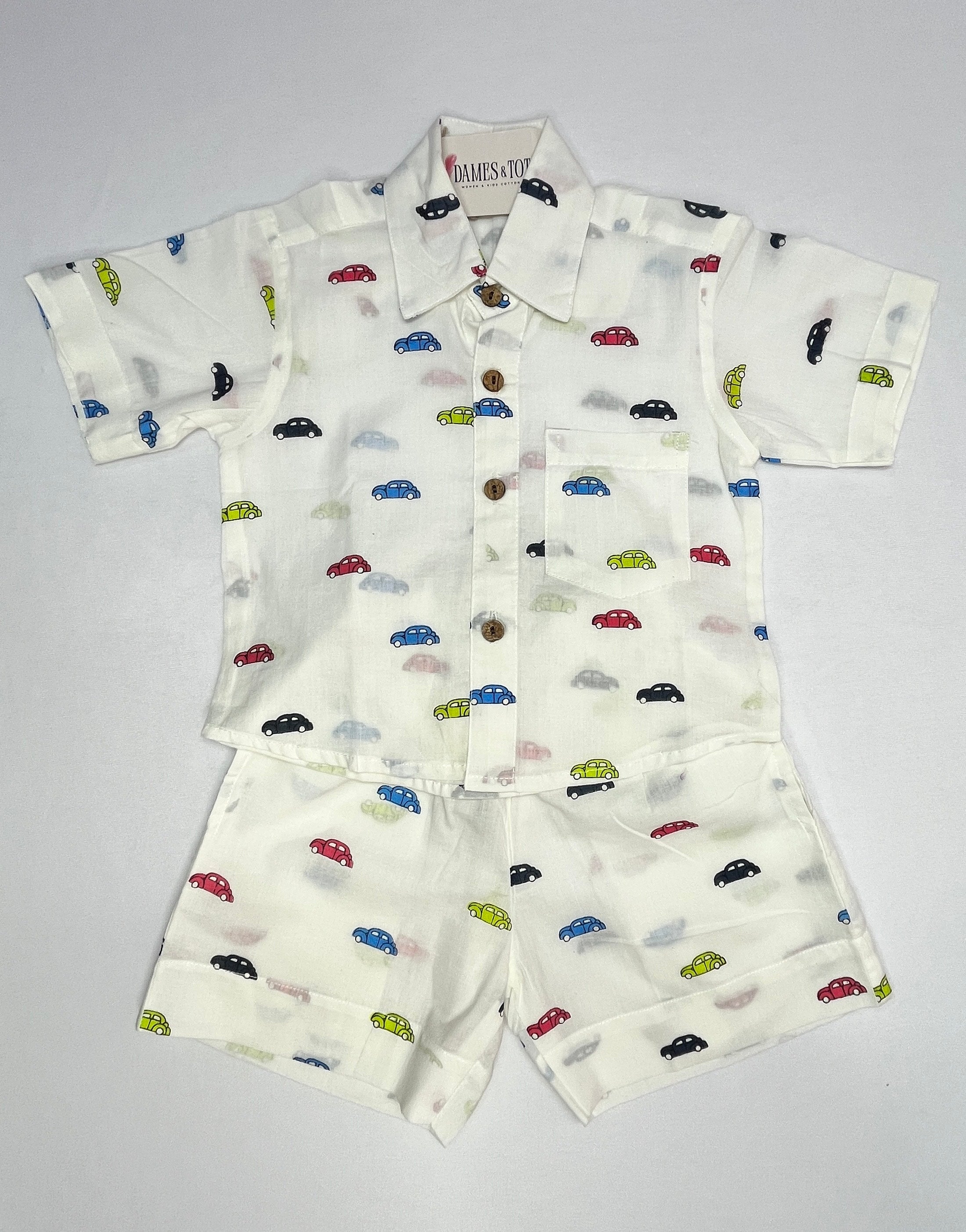 Boys Pure Cotton Co-ord Set – Car Print Shirt & Shorts