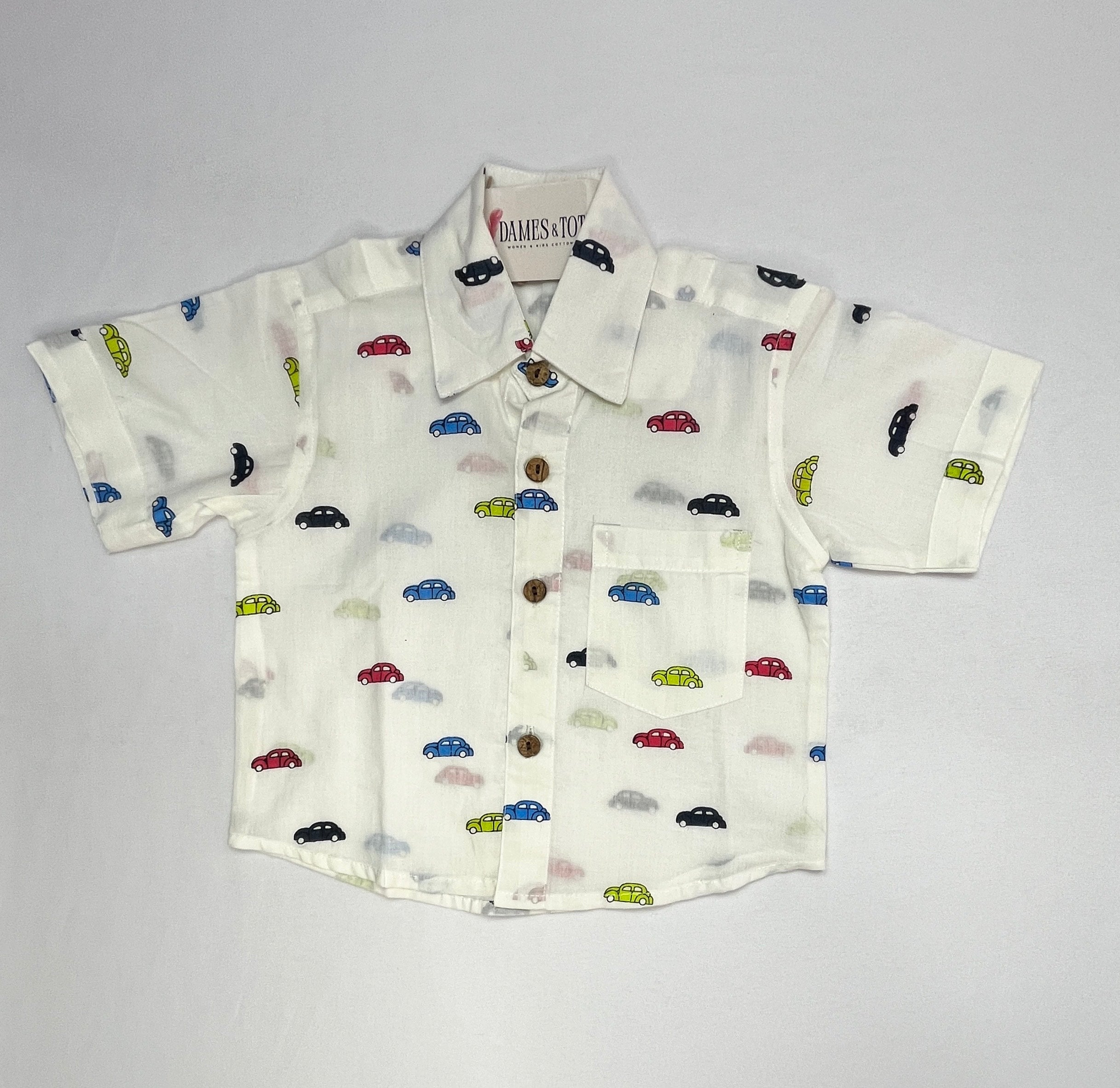 Boys Pure Cotton Co-ord Set – Car Print Shirt & Shorts