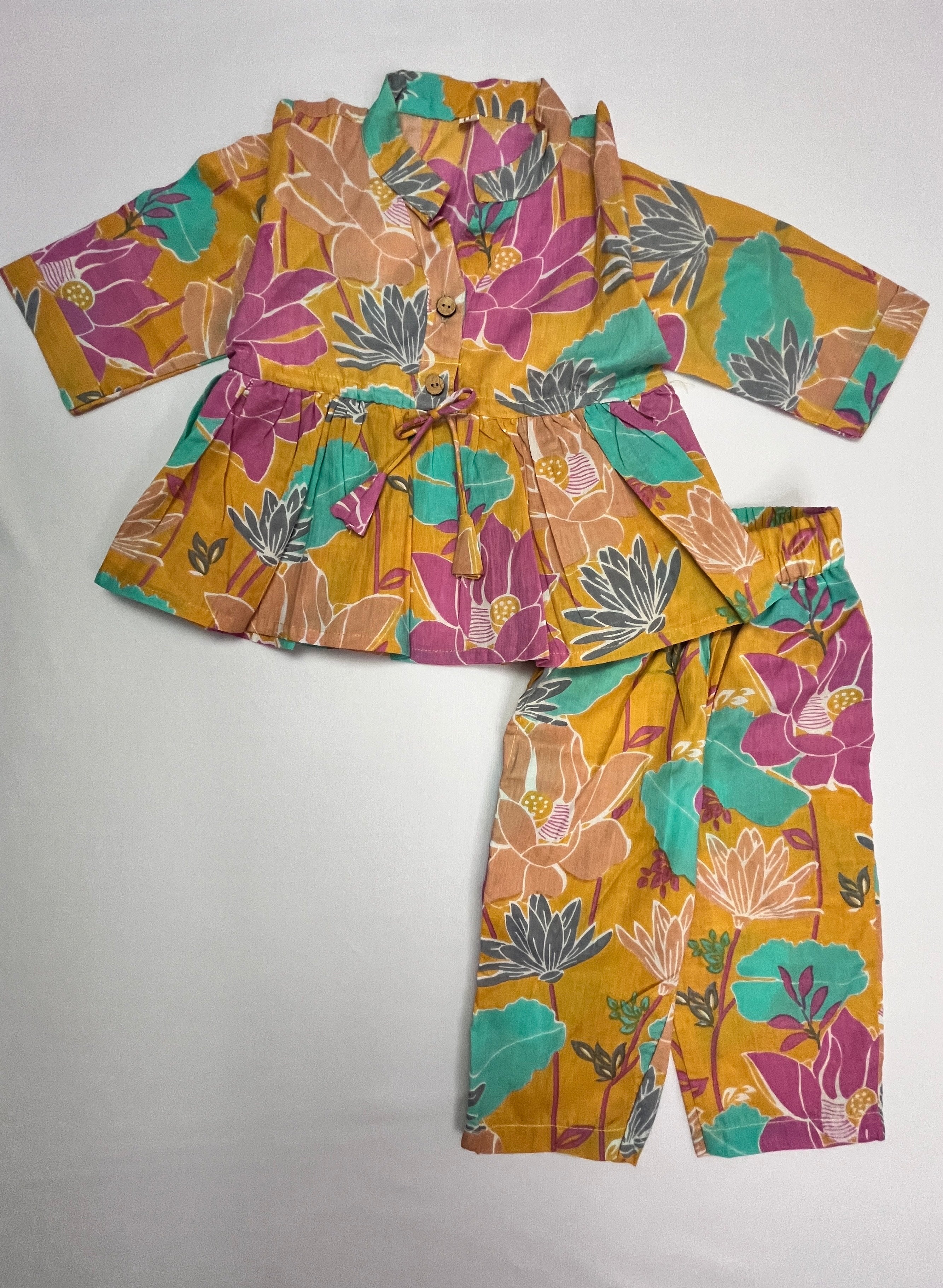 Pure Cotton Yellow Floral Co-ord Set for Girls