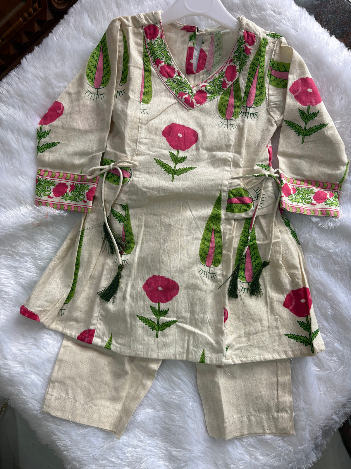 Girls Khadi Pink Floral Co-ord