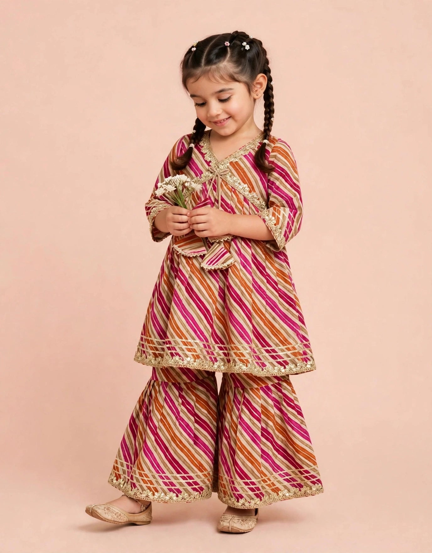Pink Leheriya Kurti Sharara Set | Soft Cotton Ethnic Wear for Kids