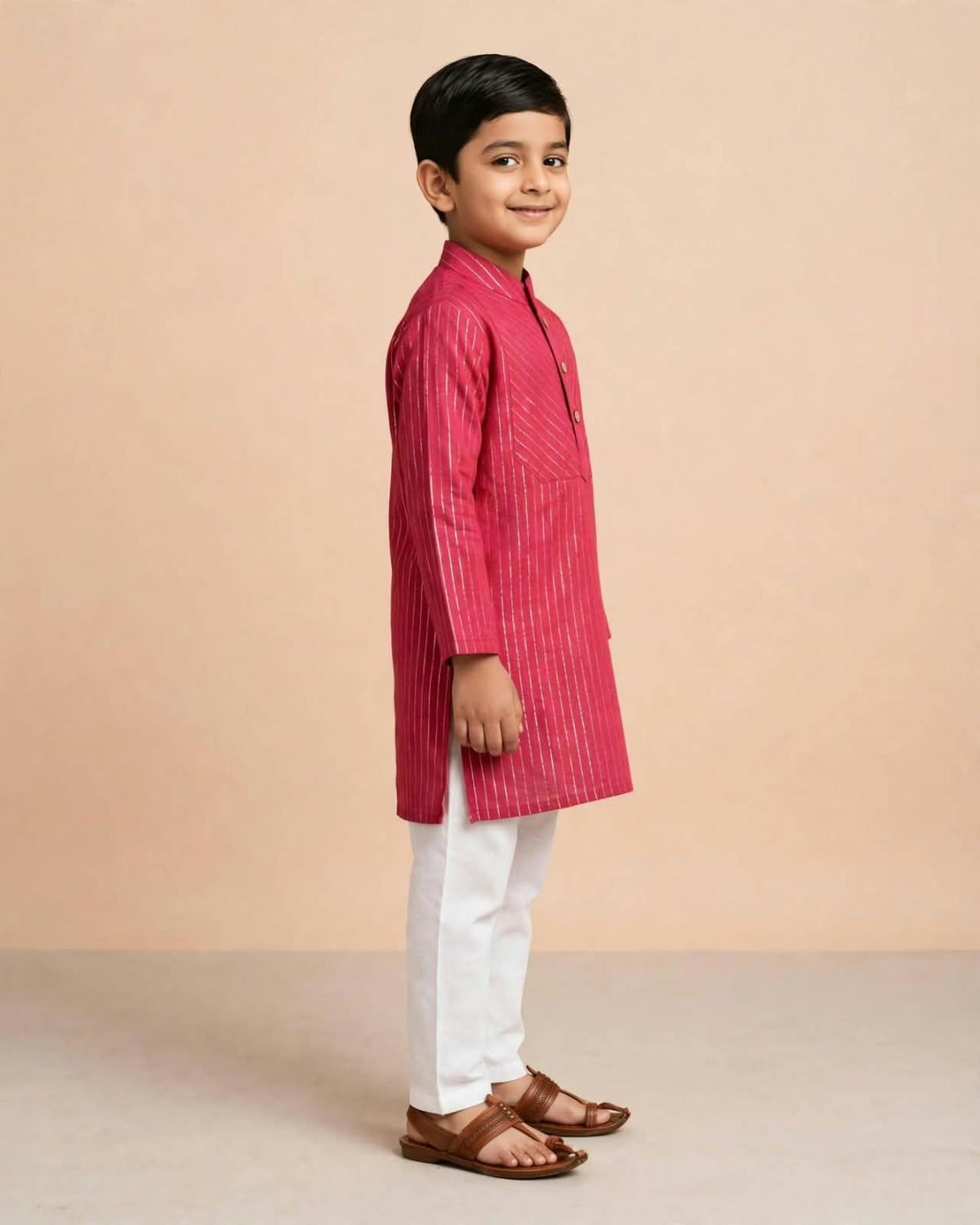 Red With Silver Striped Boys Kurta Pajama Set