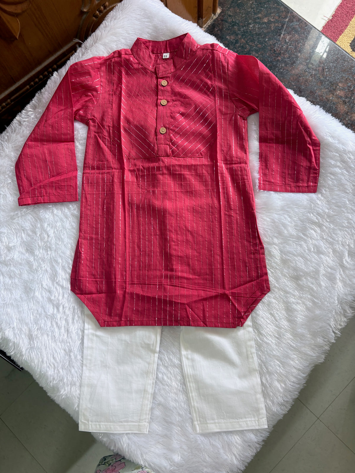Red With Silver Striped Boys Kurta Pajama Set