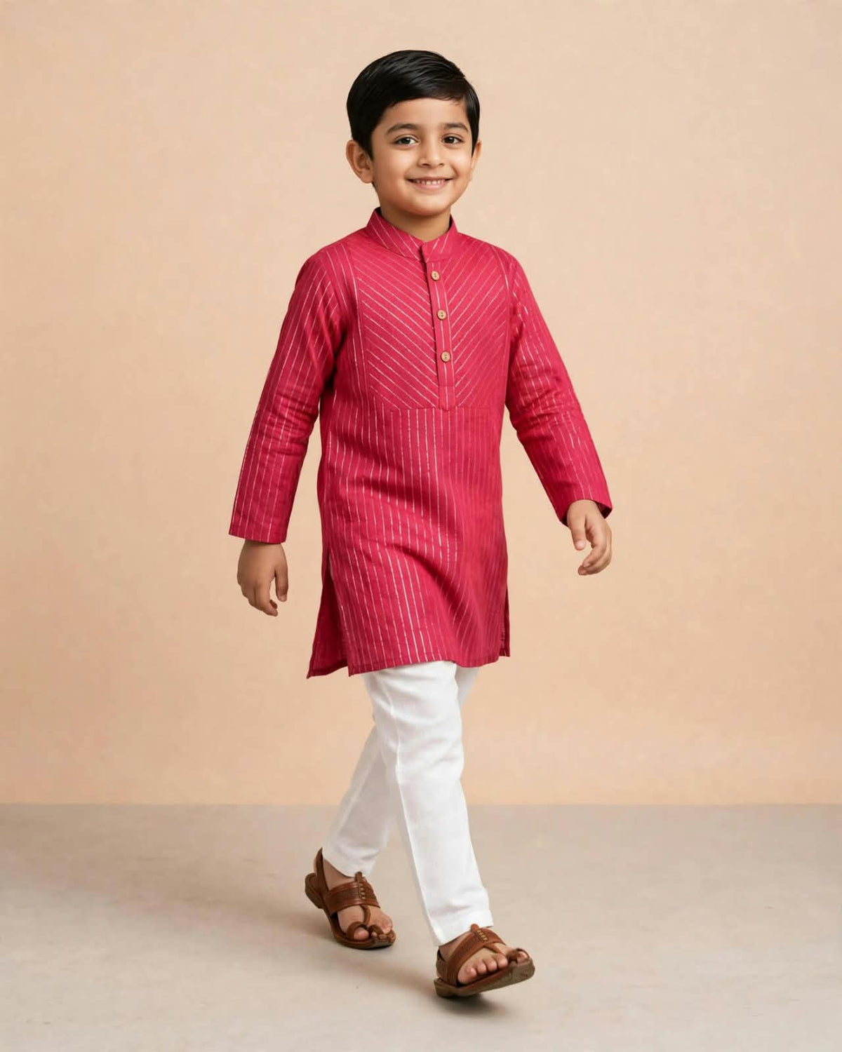 Red With Silver Striped Boys Kurta Pajama Set