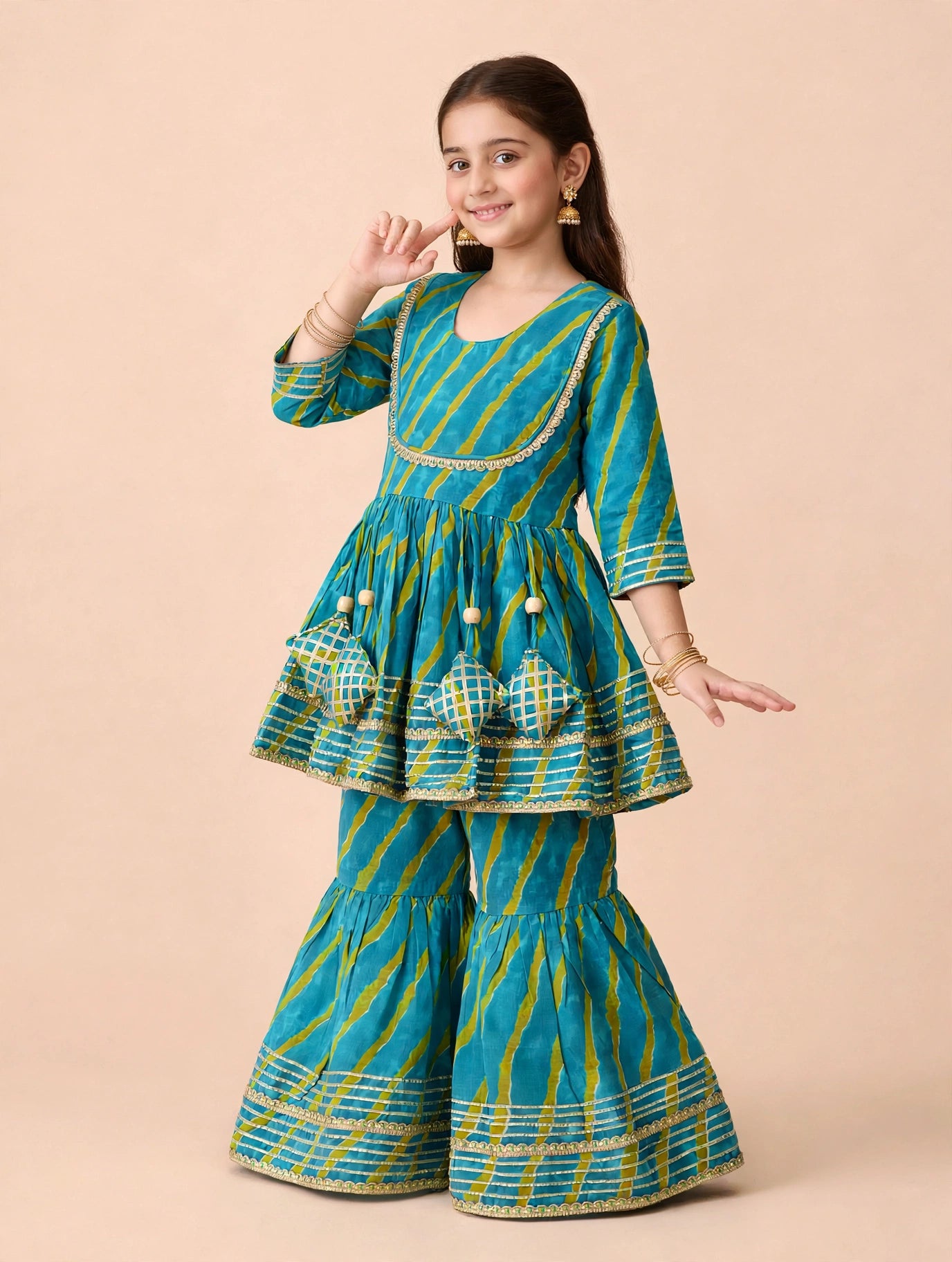 Rama Blue Leheriya Kurti Sharara Set | Soft Cotton Ethnic Wear