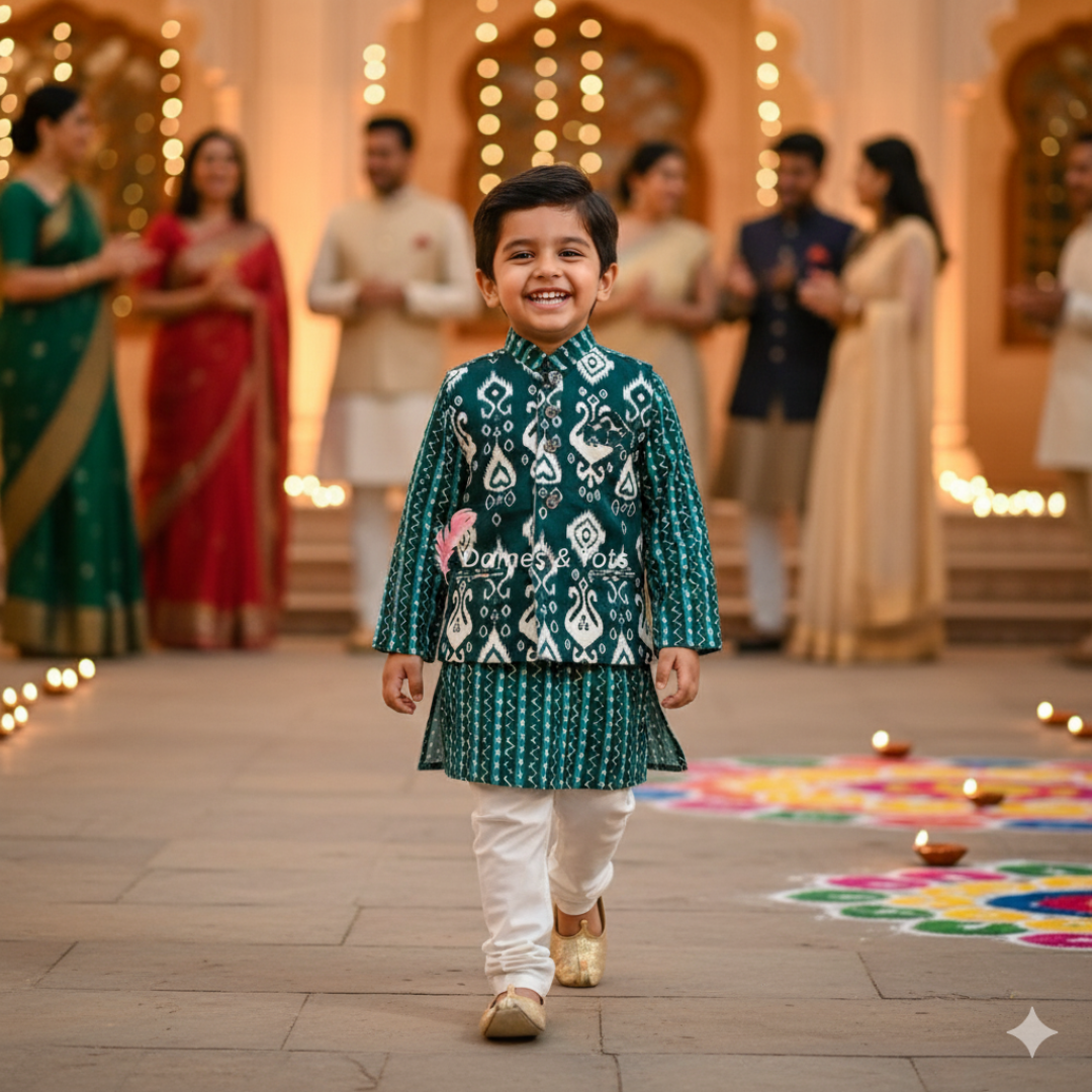 Green Kurta With Beautiful Ikat printed Jacket And Pyjama