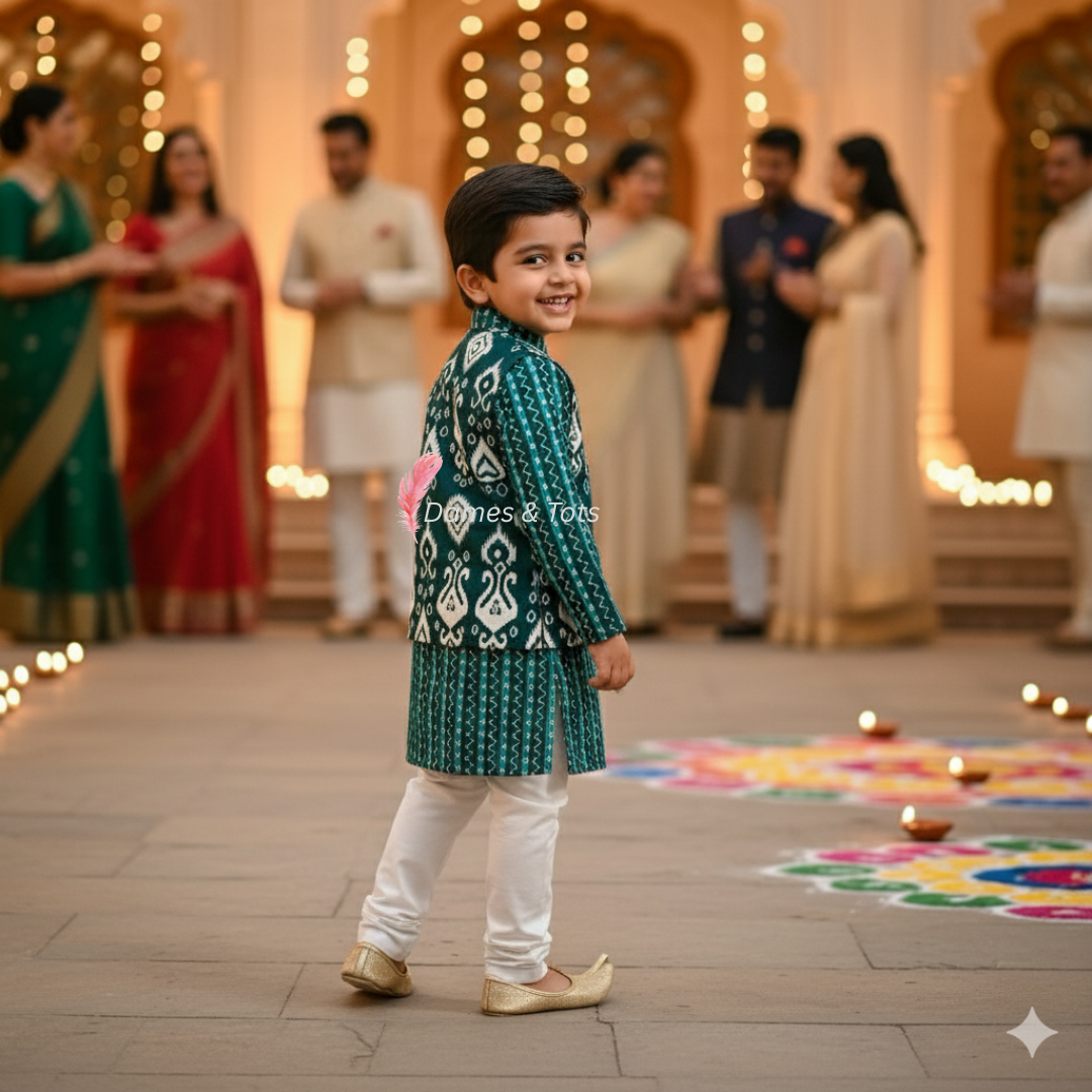Green Kurta With Beautiful Ikat printed Jacket And Pyjama