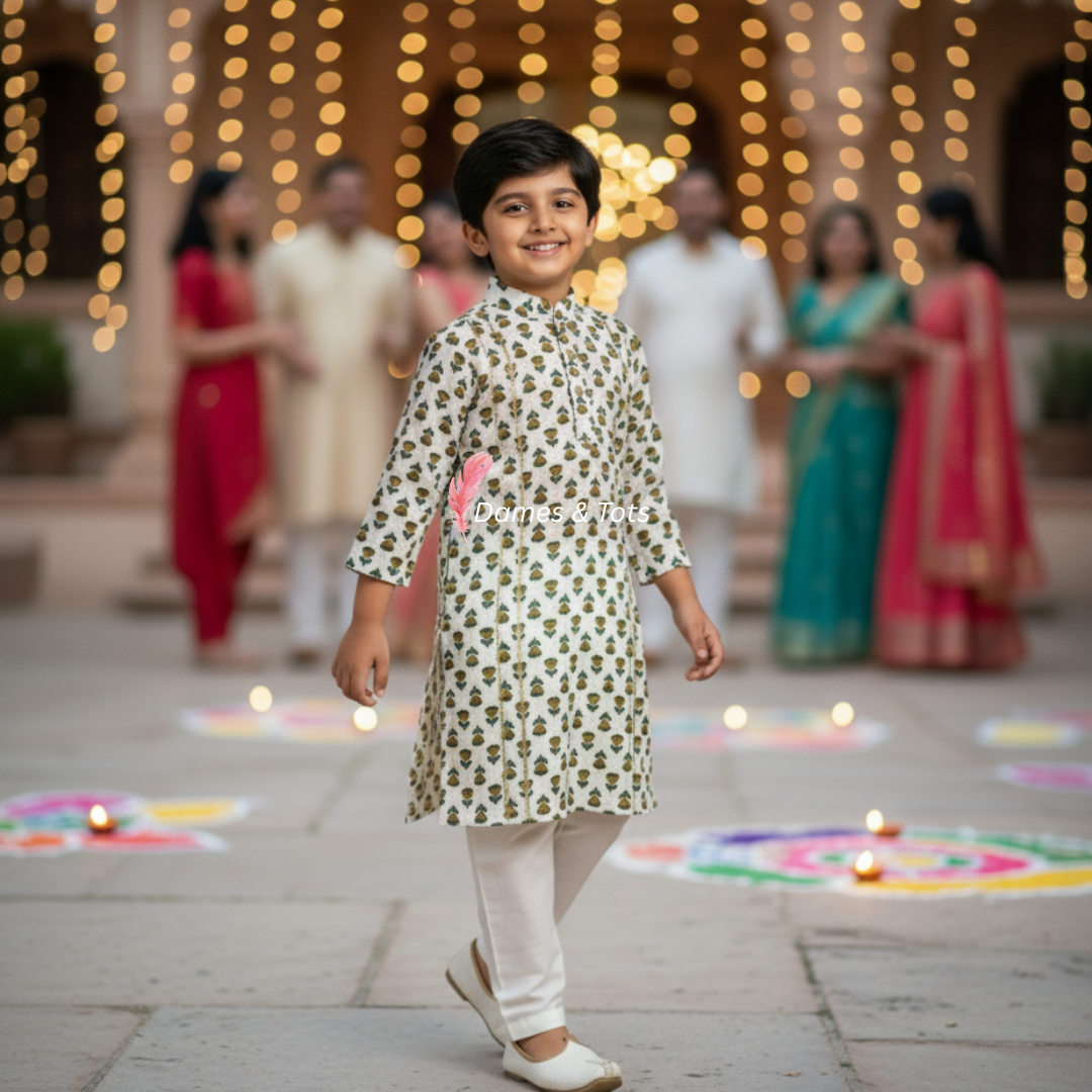 Charming White Kurta and flower printed Set for Boys