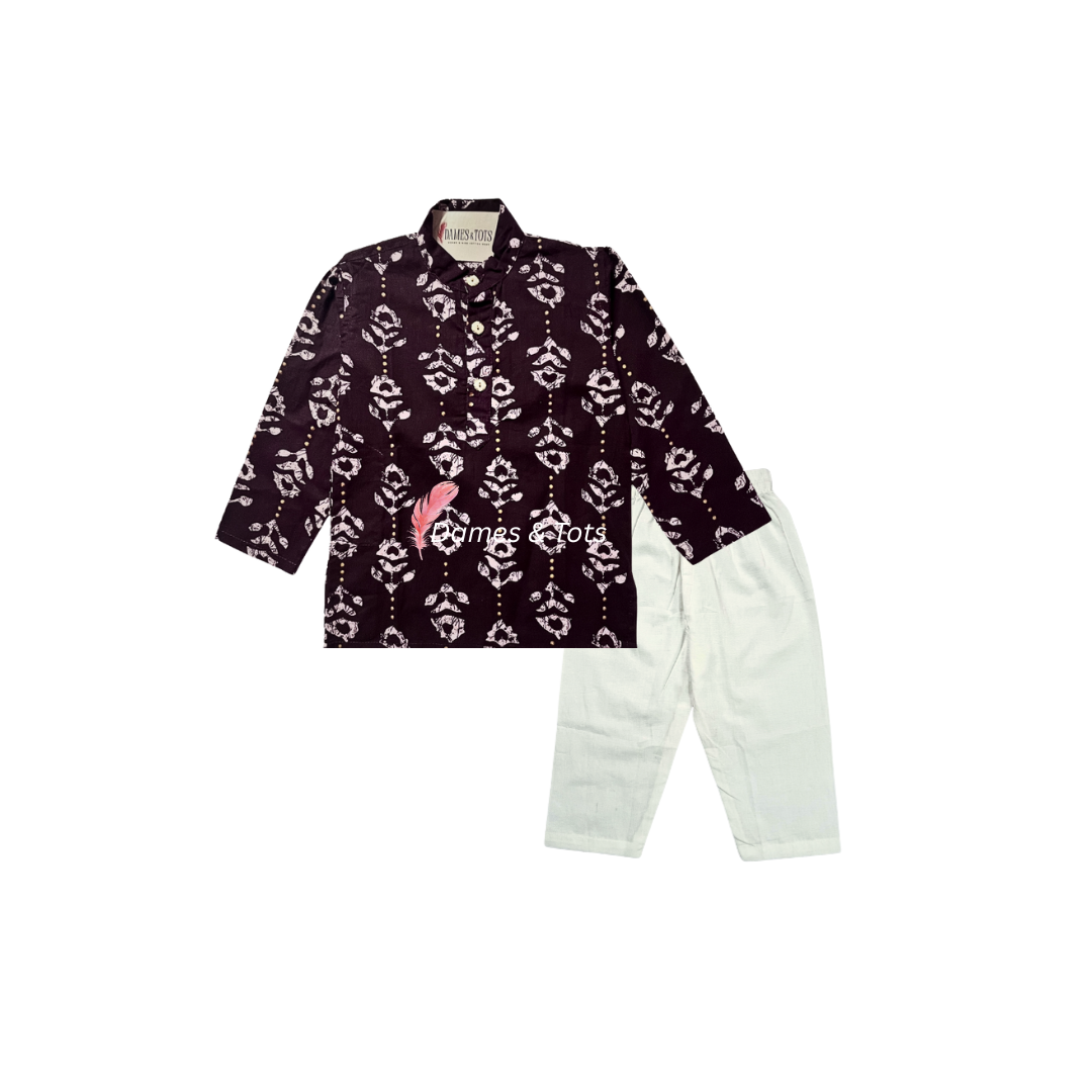 Trendy Purple & White Batik Printed Kurta Set for Boys