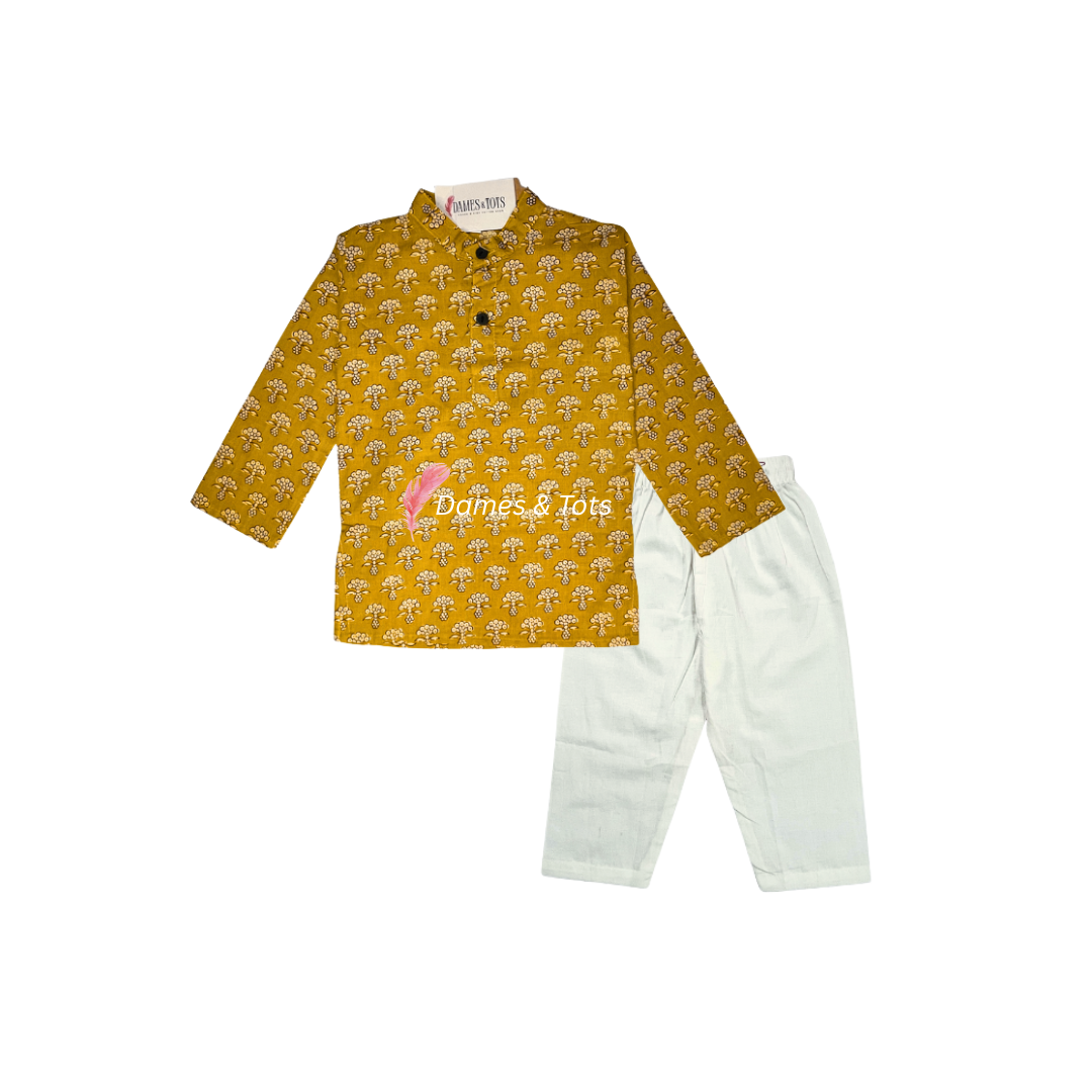 Mustard Yellow Kurta Set with Elegant White Pants