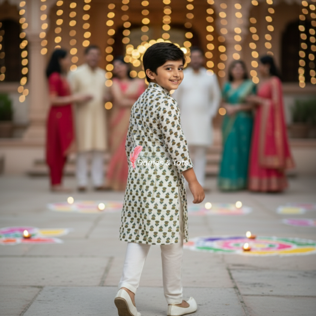Charming White Kurta and flower printed Set for Boys