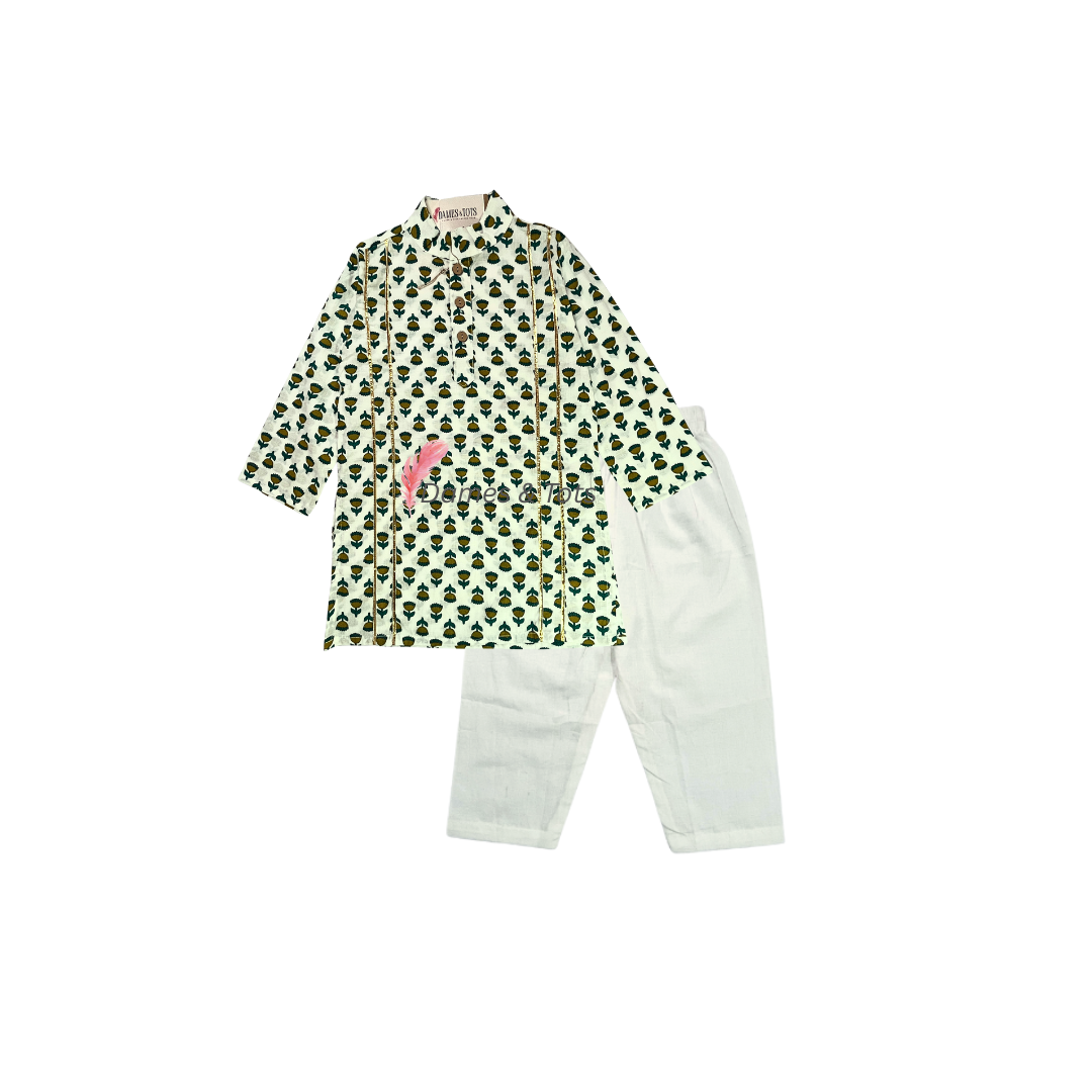 Charming White Kurta and flower printed Set for Boys
