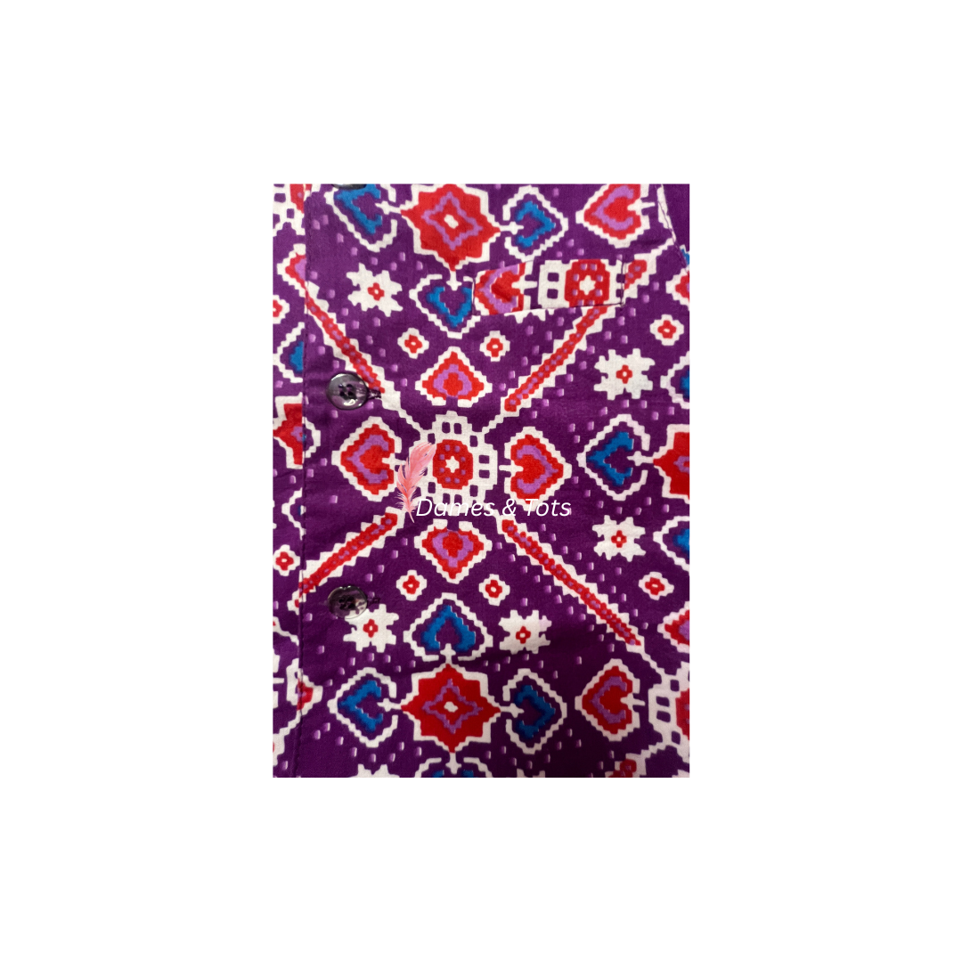 Purple Kurta With Beautiful Ikat printed Jacket And Pyjama