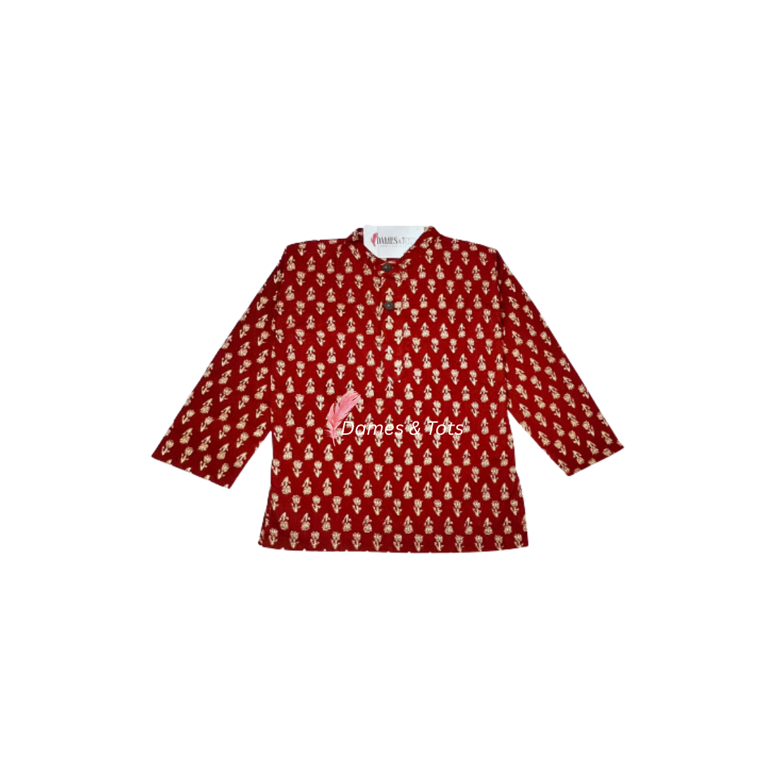 Red Printed Kurta with White Pyjama | Pure Cotton Ethnic Wear Set