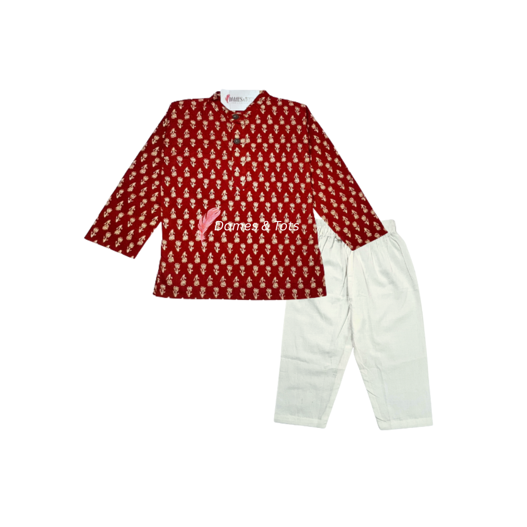 Red Printed Kurta with White Pyjama | Pure Cotton Ethnic Wear Set