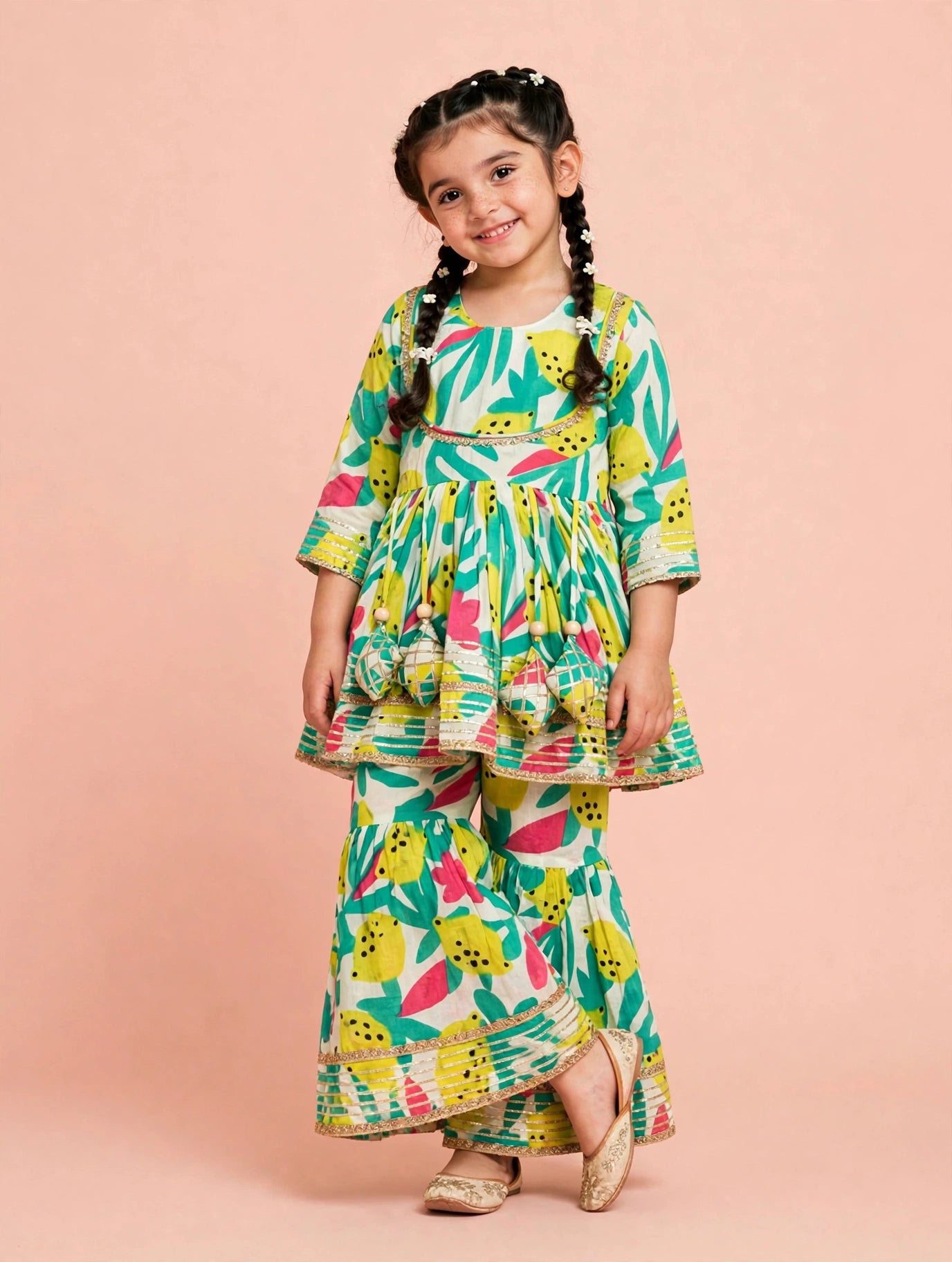 Tropical Print Kurti Sharara Set | Pure Cotton Ethnic Wear for Kids
