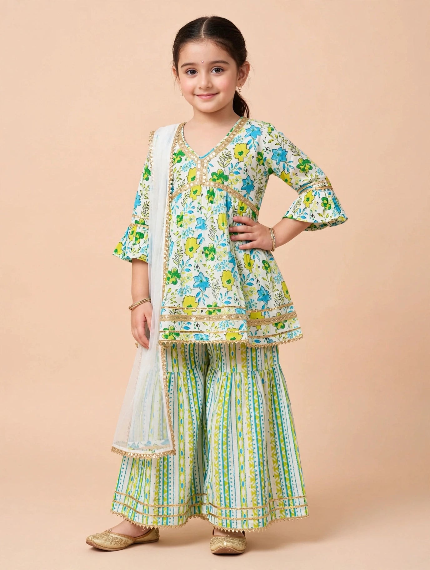 White Floral Kurti Sharara Set with Dupatta | Soft Cotton Ethnic Wear