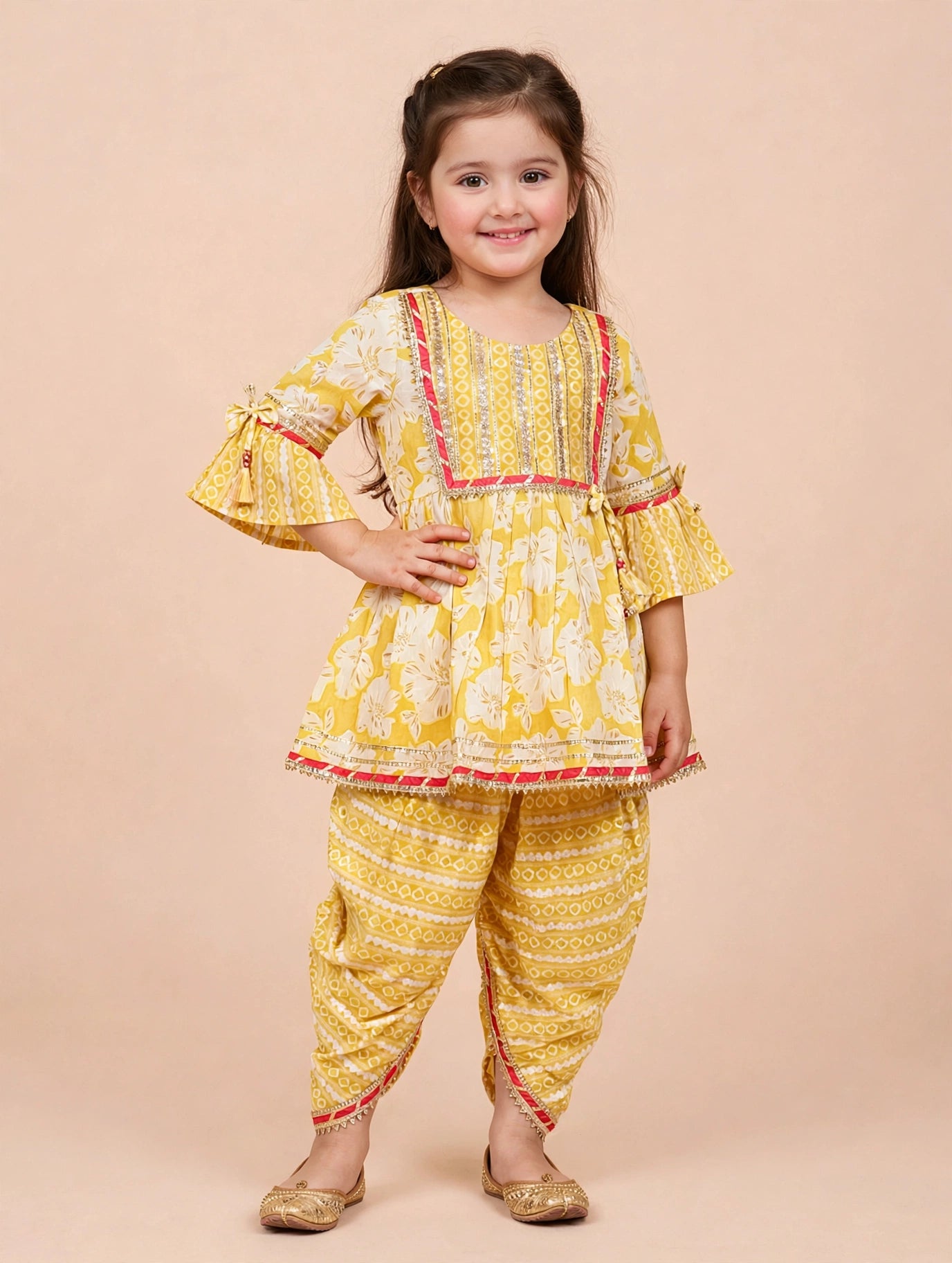 Yellow Floral Kurti Dhoti Set | Soft Cotton Ethnic Wear for Kids