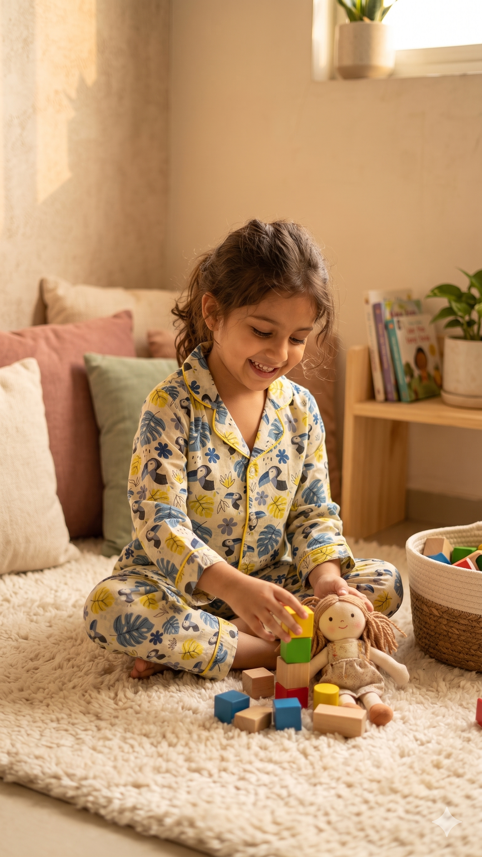 Off-White Woodpecker Print Cotton Night Suit for Kids
