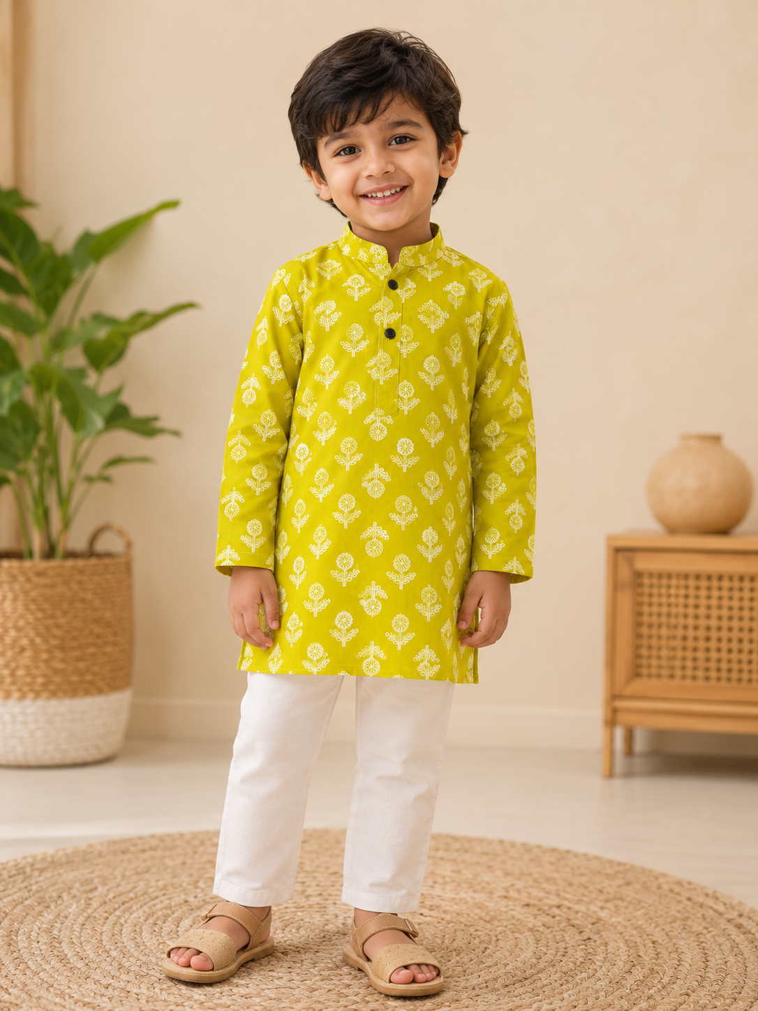 Lemon Green Floral Cotton Kurta Set for Boys