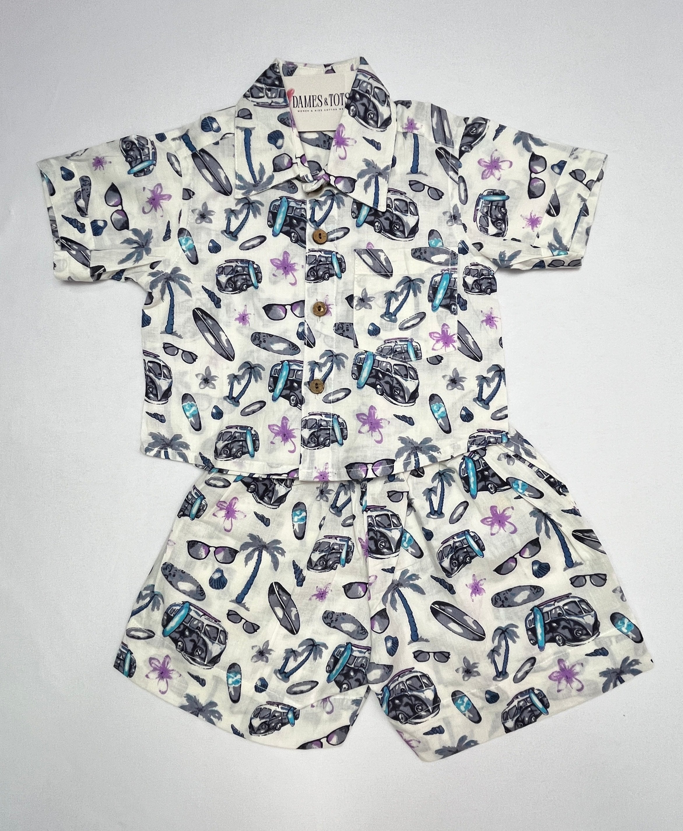 Boys Cotton Co-ord Set – Summer Beach Print (Purple )