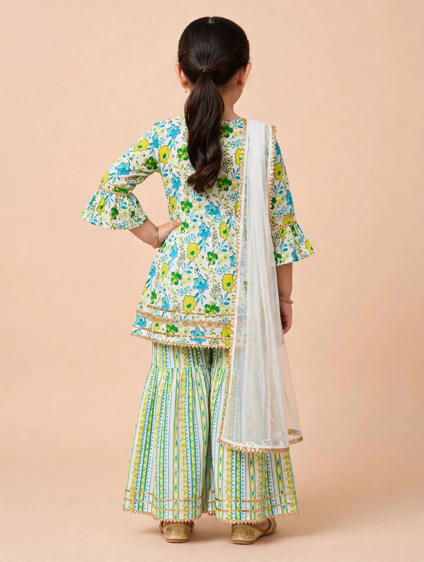 White Floral Kurti Sharara Set with Dupatta | Soft Cotton Ethnic Wear