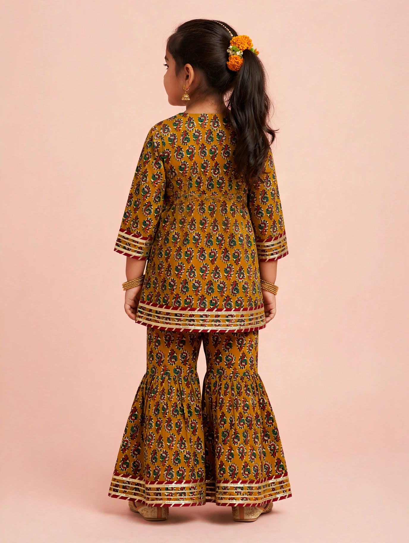 Mustard Printed Kurti Sharara Set | Soft Cotton Ethnic Wear for Kids
