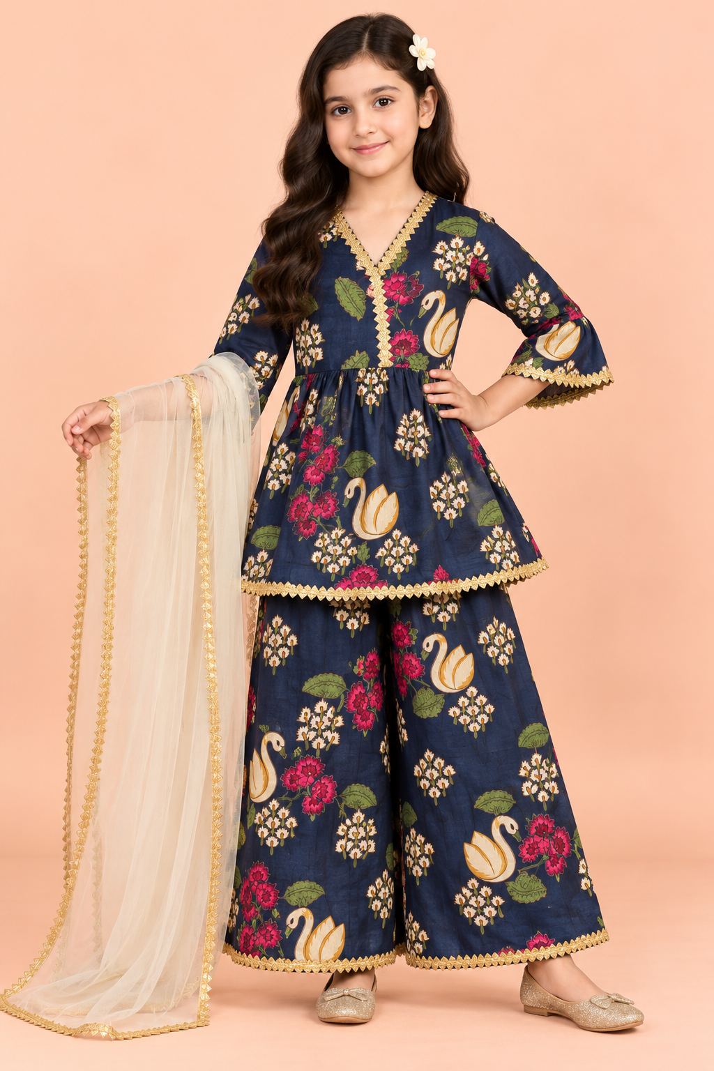 Midnight Swan Girls Angrakha Ethnic Set with Palazzo Pants