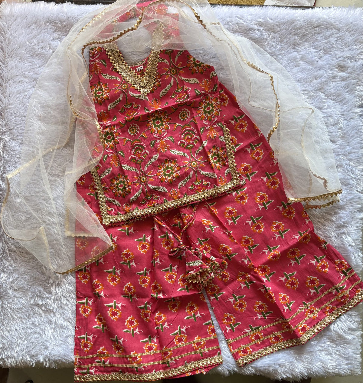 Rani Pink Floral Girls Ethnic Co-ord Set with Ivory Dupatta