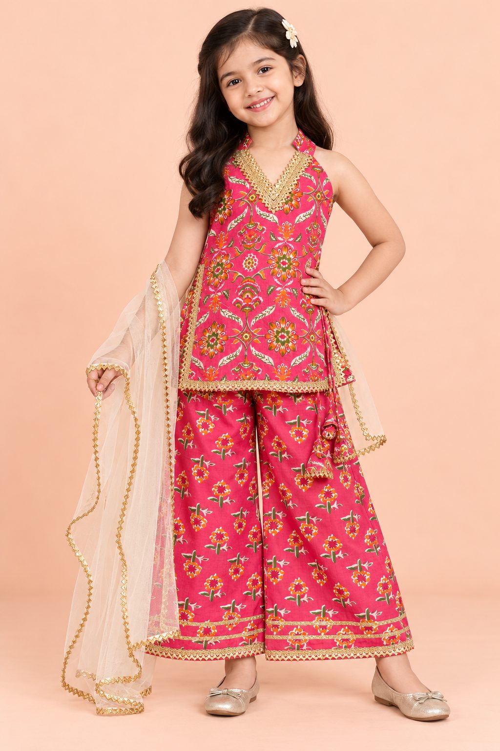 Rani Pink Floral Girls Ethnic Co-ord Set with Ivory Dupatta