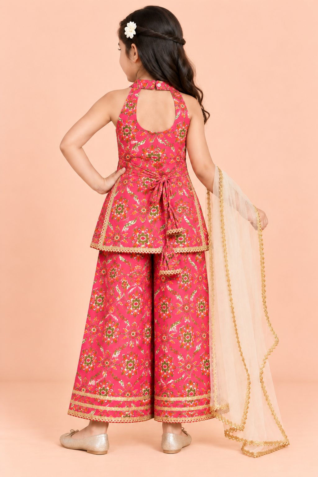 Rani Pink Floral Girls Ethnic Co-ord Set with Ivory Dupatta