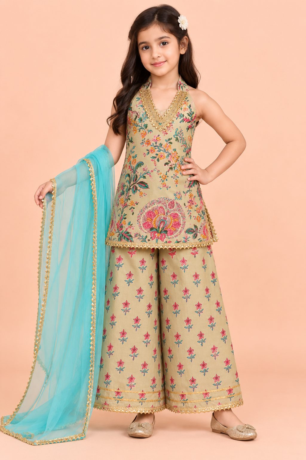 Ivory Blossom Girls Festive Sharara Set with Aqua Blue Dupatta