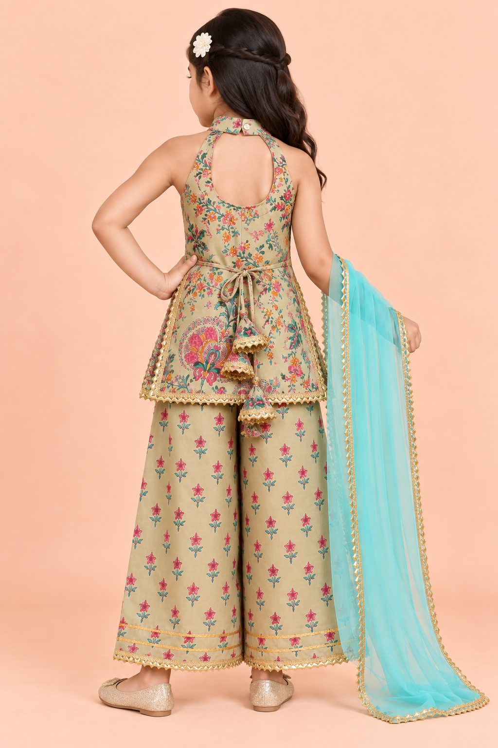 Ivory Blossom Girls Festive Sharara Set with Aqua Blue Dupatta