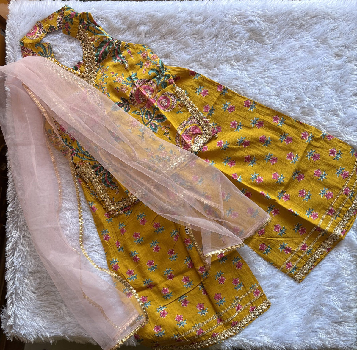 Mustard Bloom Girls Festive Sharara Set with Blush Pink Dupatta