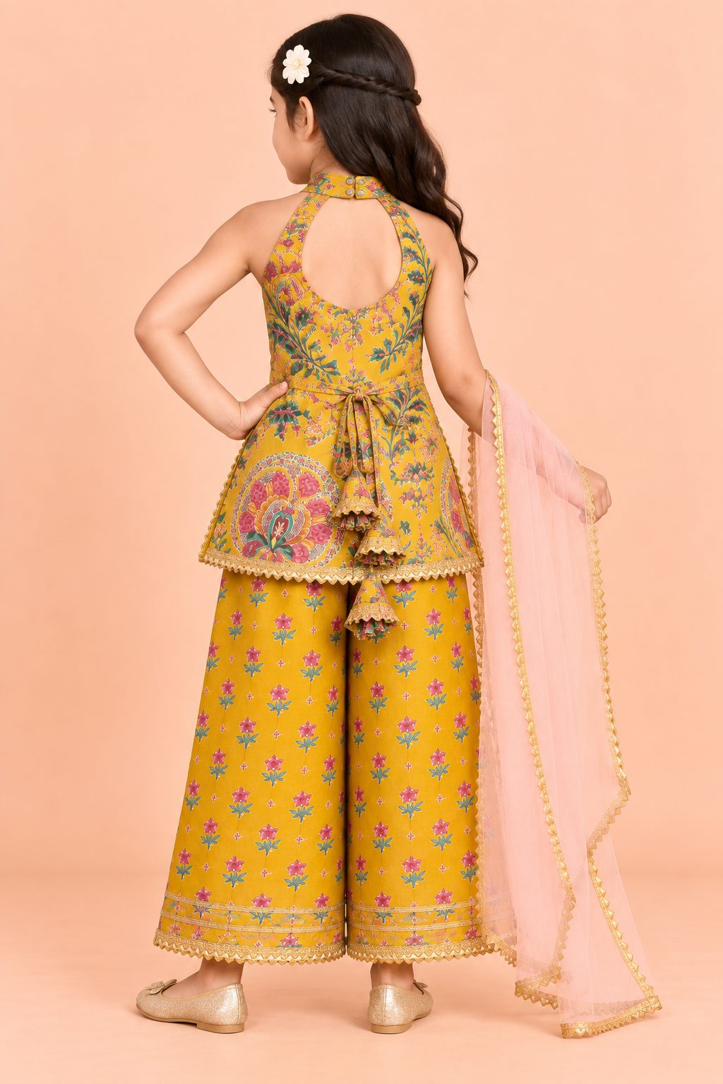 Mustard Bloom Girls Festive Sharara Set with Blush Pink Dupatta