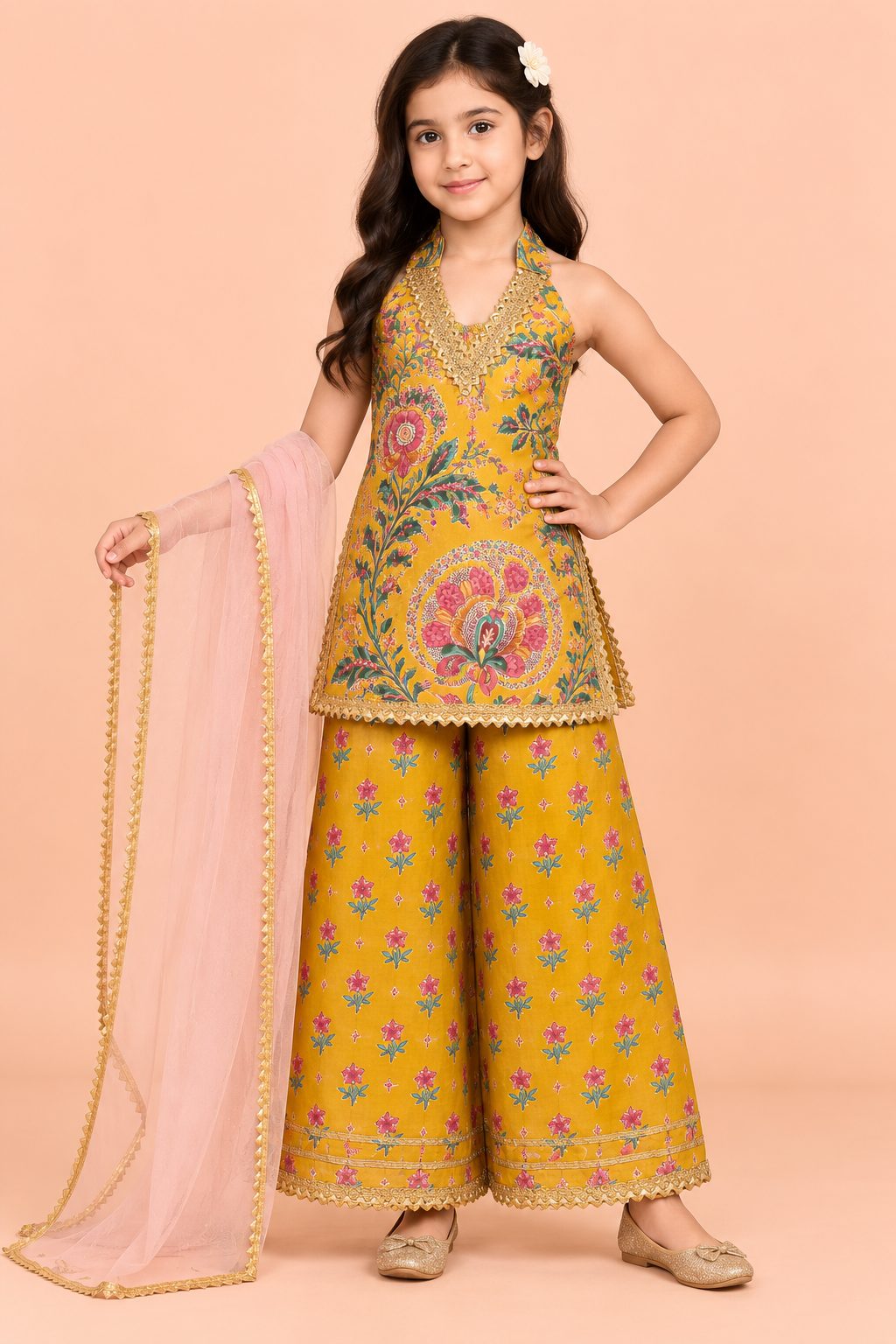 Mustard Bloom Girls Festive Sharara Set with Blush Pink Dupatta