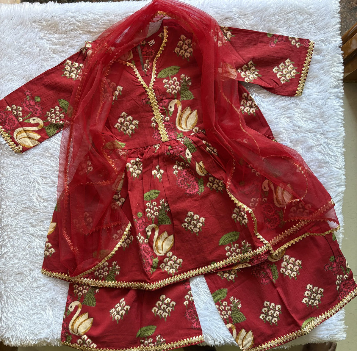 Crimson Swan Floral Girls Ethnic Kurta Set with Dupatta