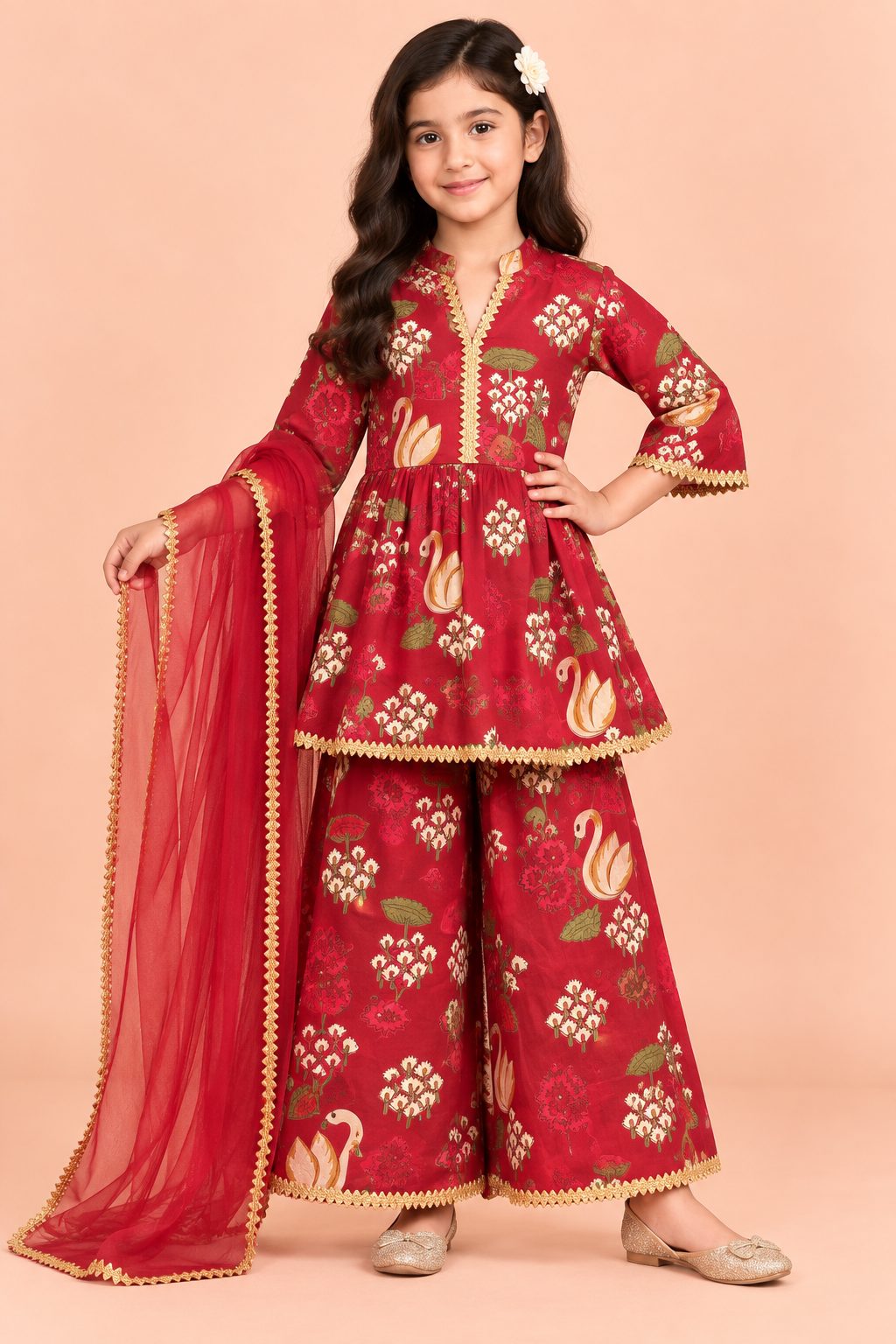 Crimson Swan Floral Girls Ethnic Kurta Set with Dupatta
