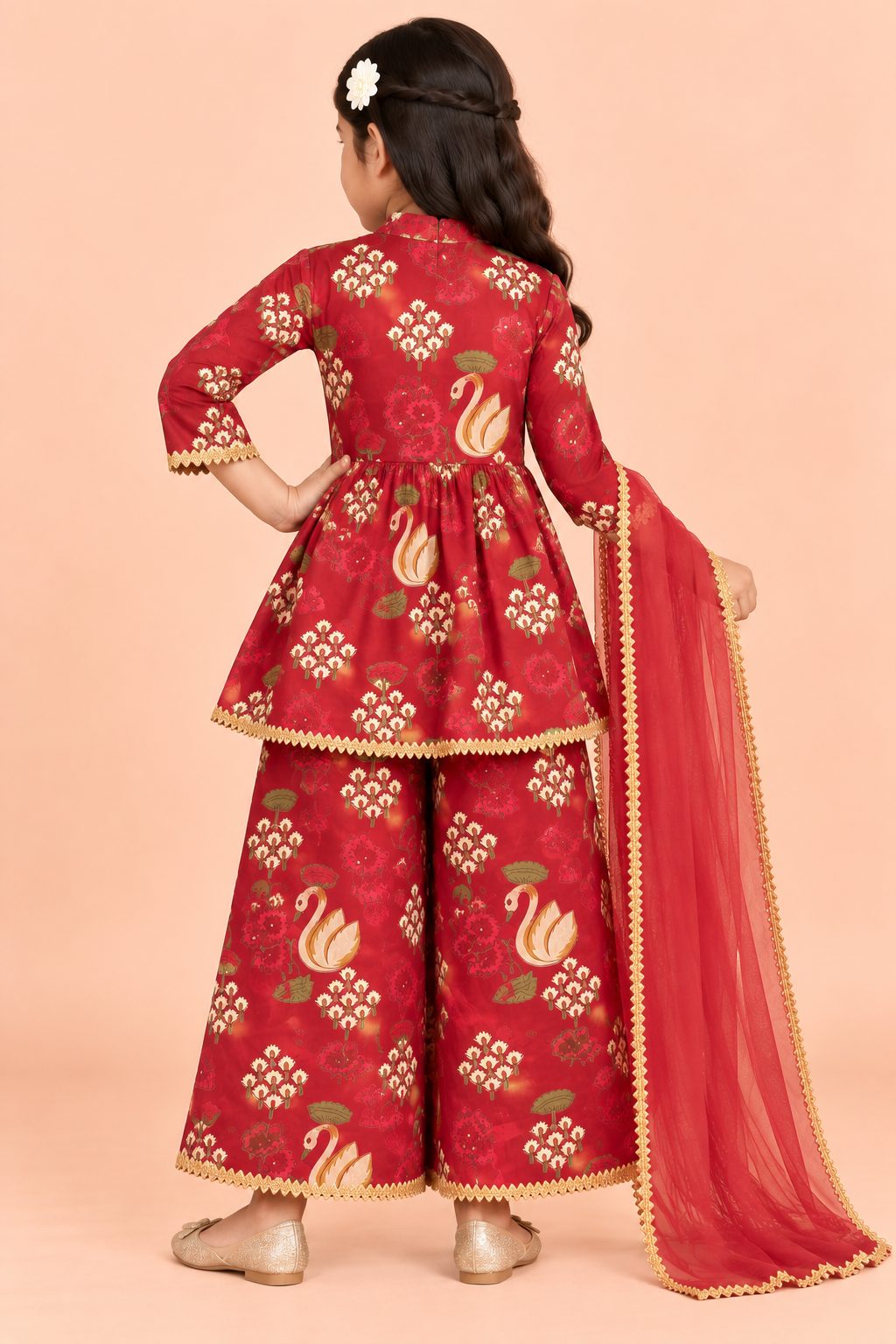 Crimson Swan Floral Girls Ethnic Kurta Set with Dupatta