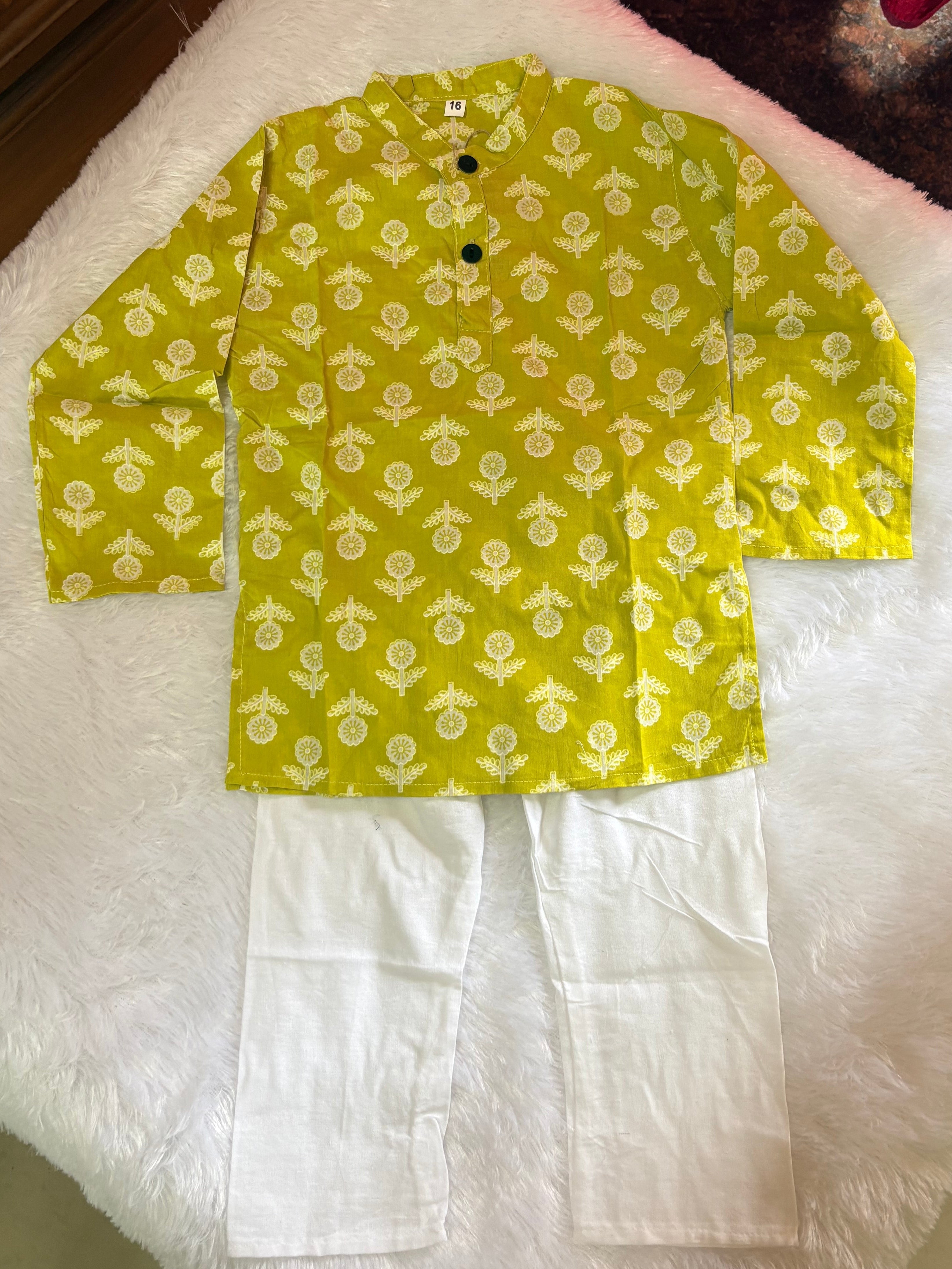 Lemon Green Floral Cotton Kurta Set for Boys