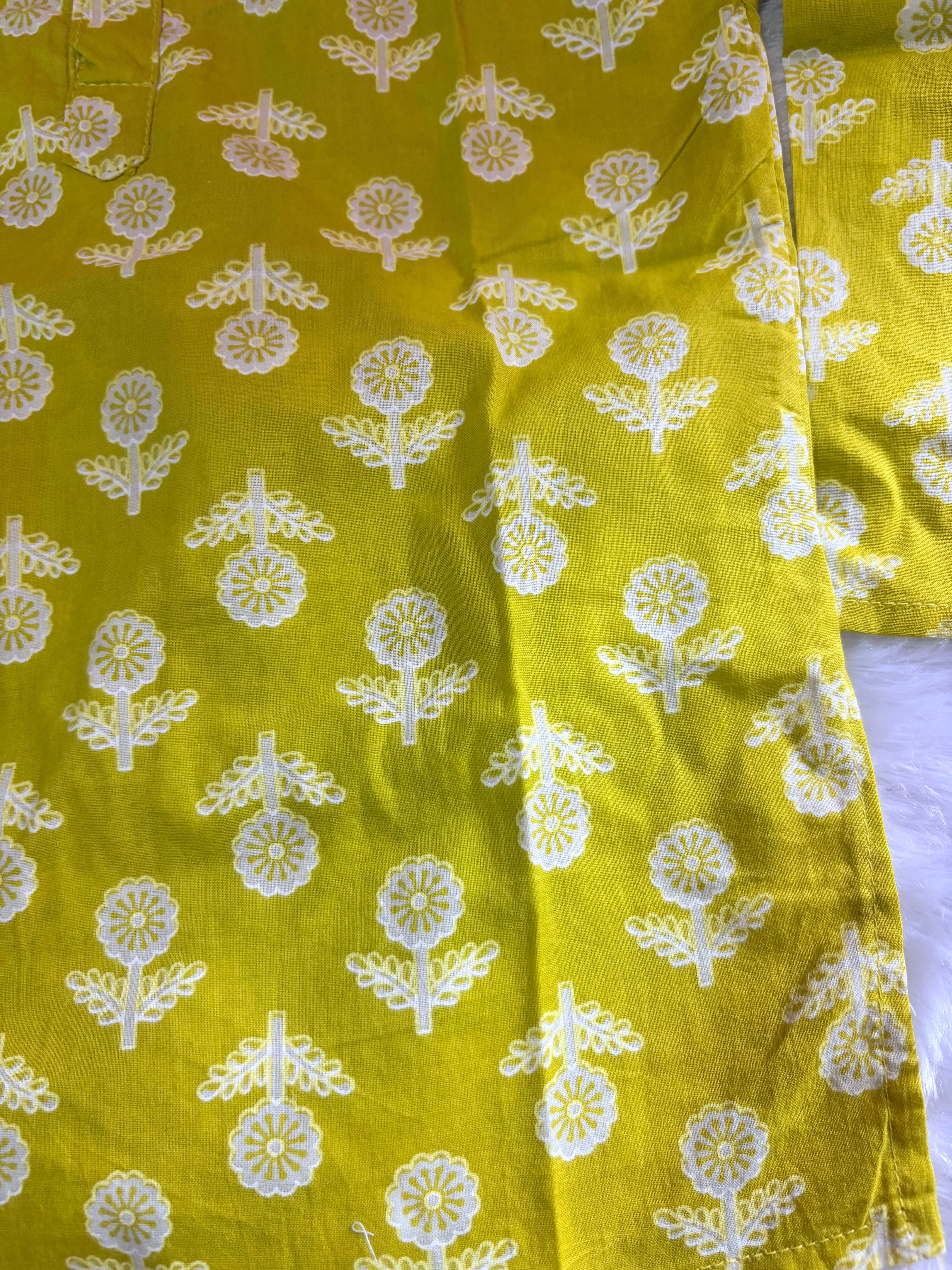 Lemon Green Floral Cotton Kurta Set for Boys