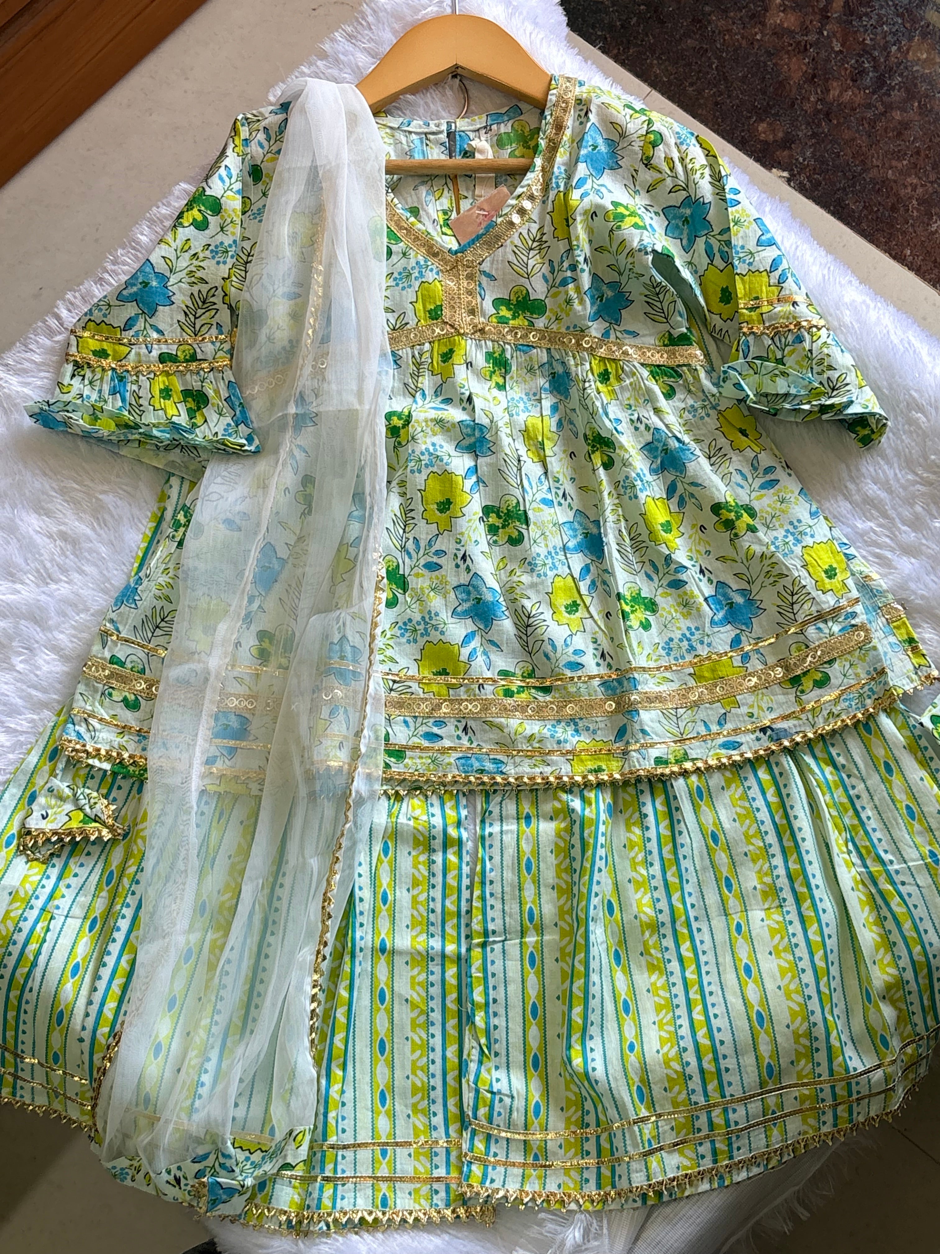 White Floral Kurti Sharara Set with Dupatta | Soft Cotton Ethnic Wear