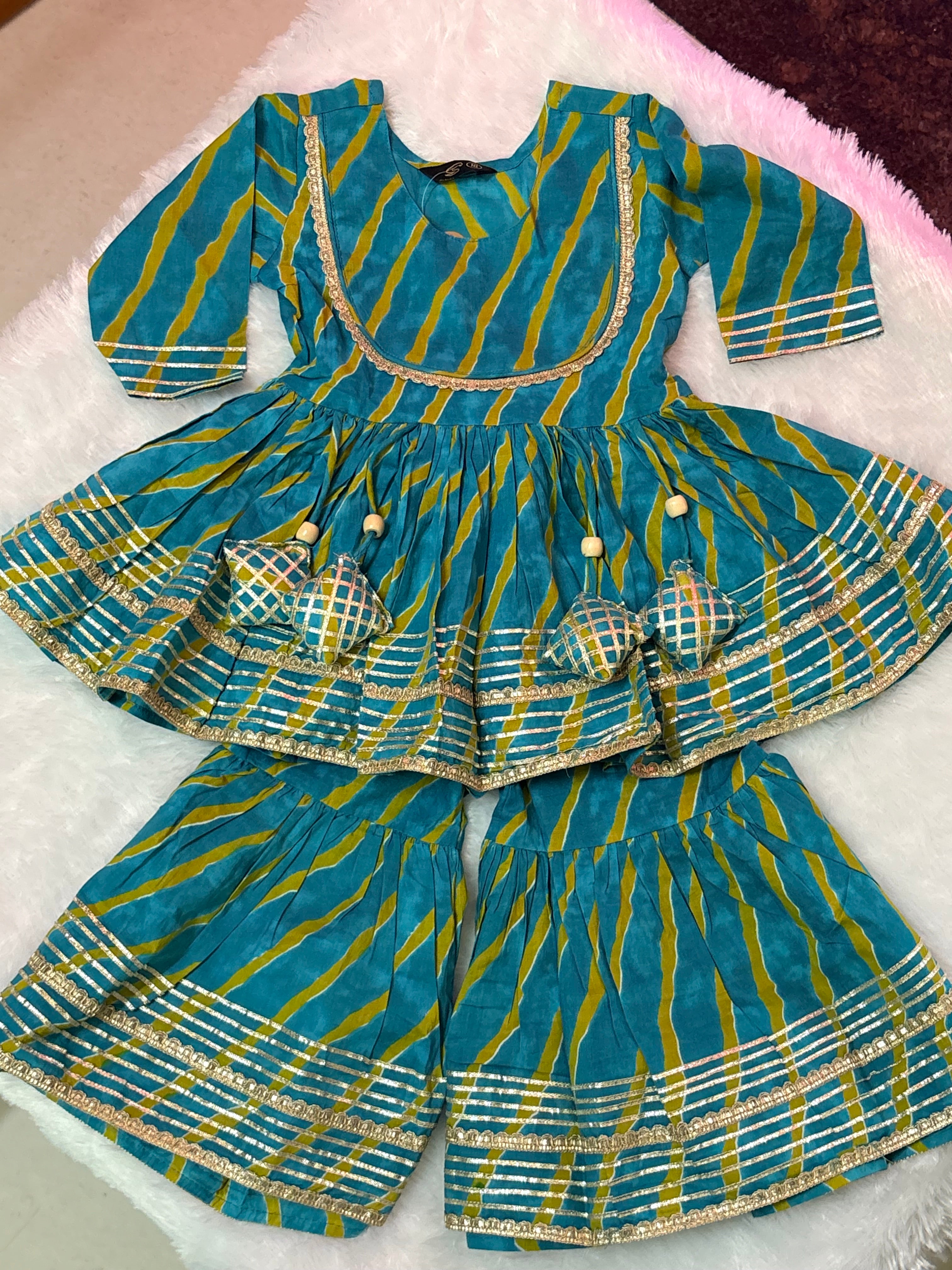 Rama Blue Leheriya Kurti Sharara Set | Soft Cotton Ethnic Wear