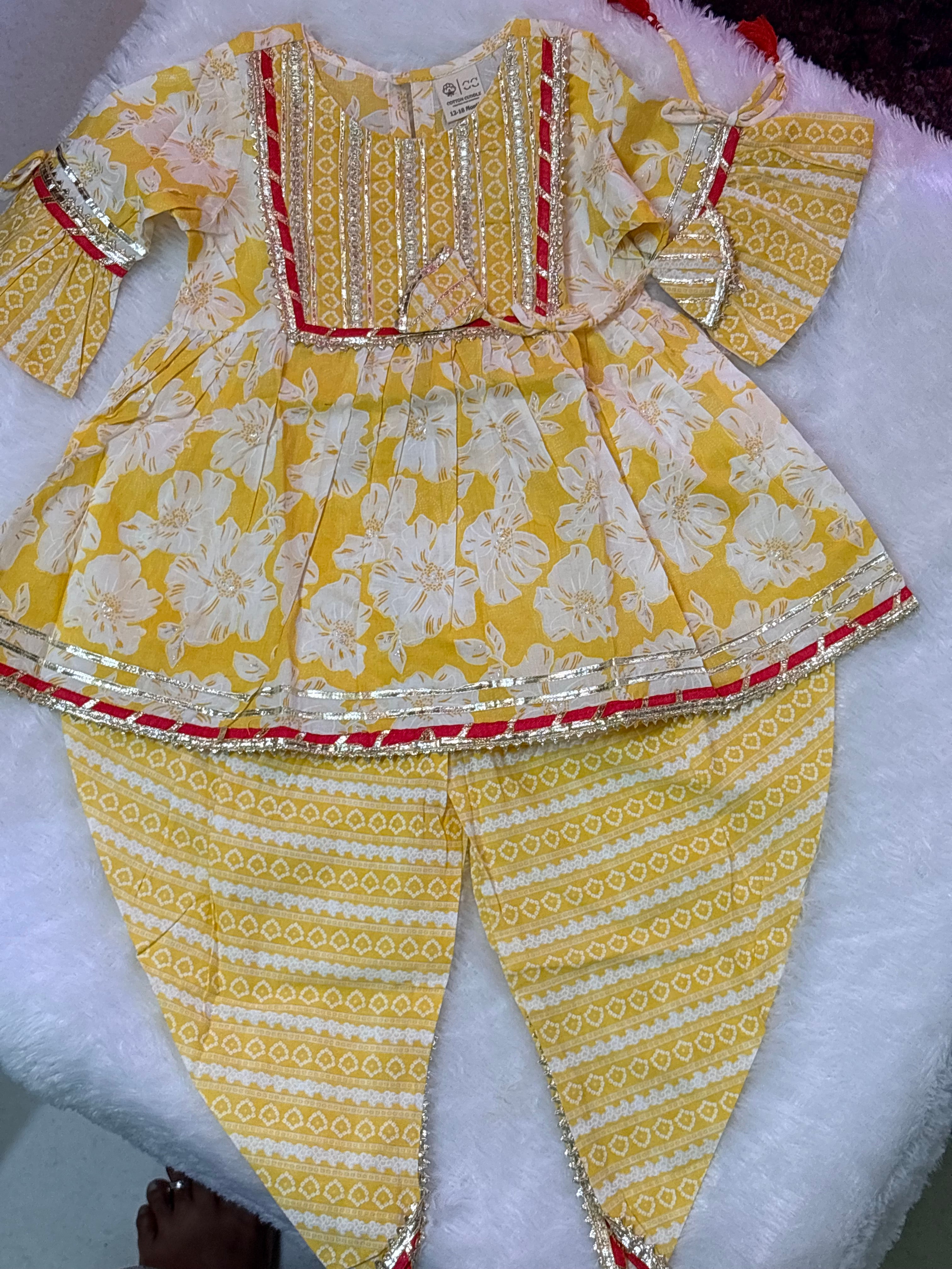 Yellow Floral Kurti Dhoti Set | Soft Cotton Ethnic Wear for Kids