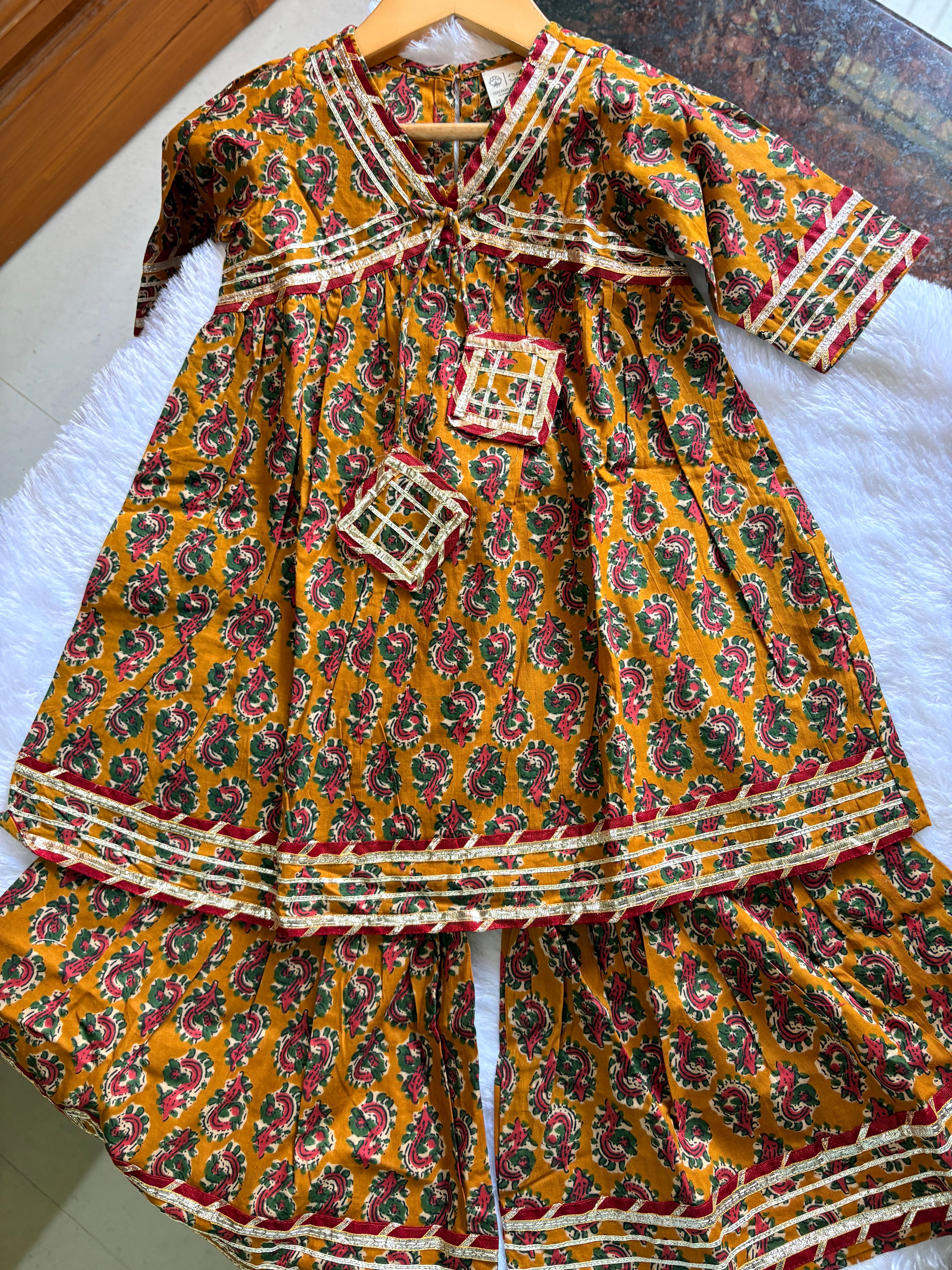 Mustard Printed Kurti Sharara Set | Soft Cotton Ethnic Wear for Kids