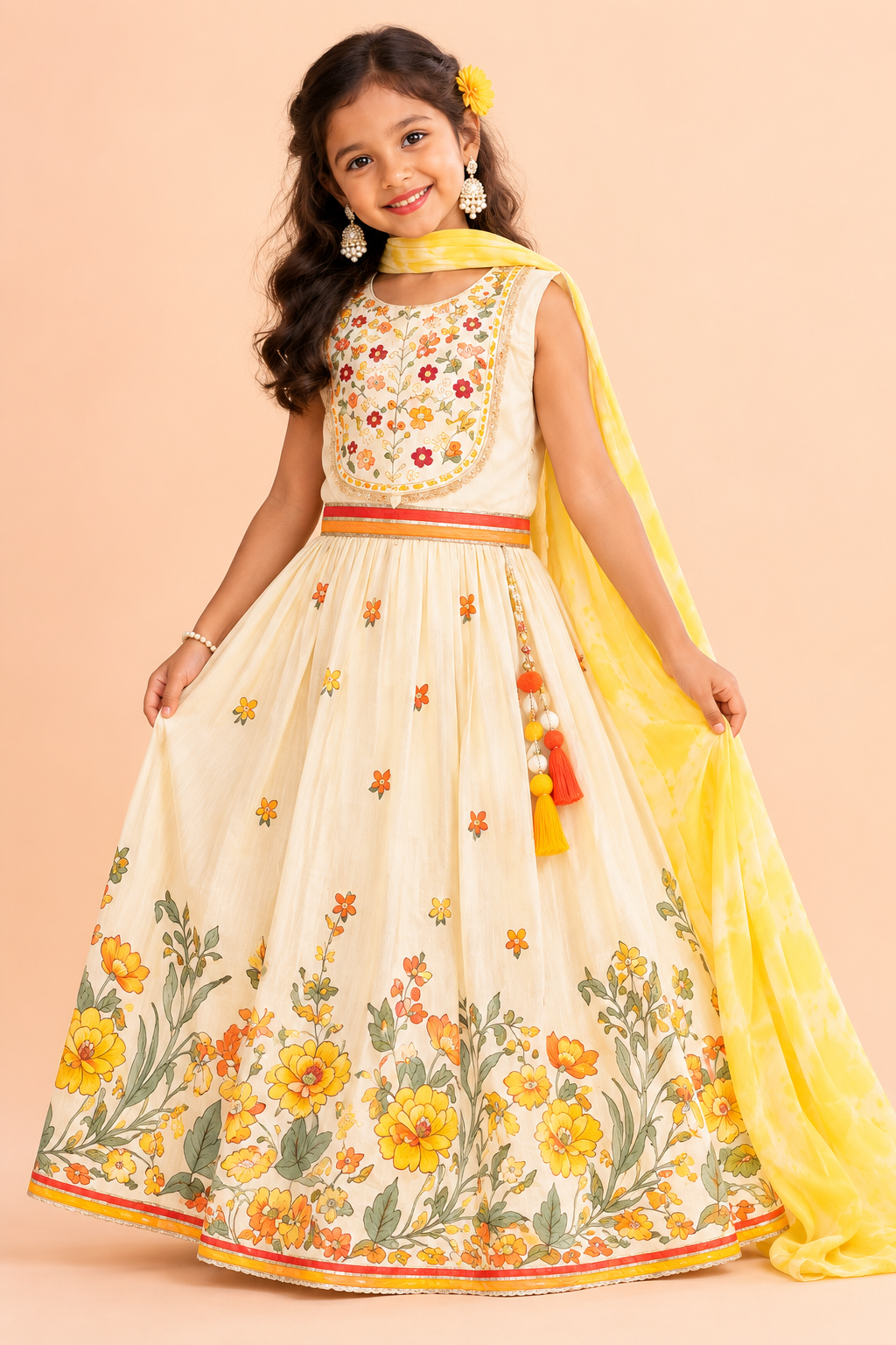 Floral Lehenga Set with Yellow Dupatta
